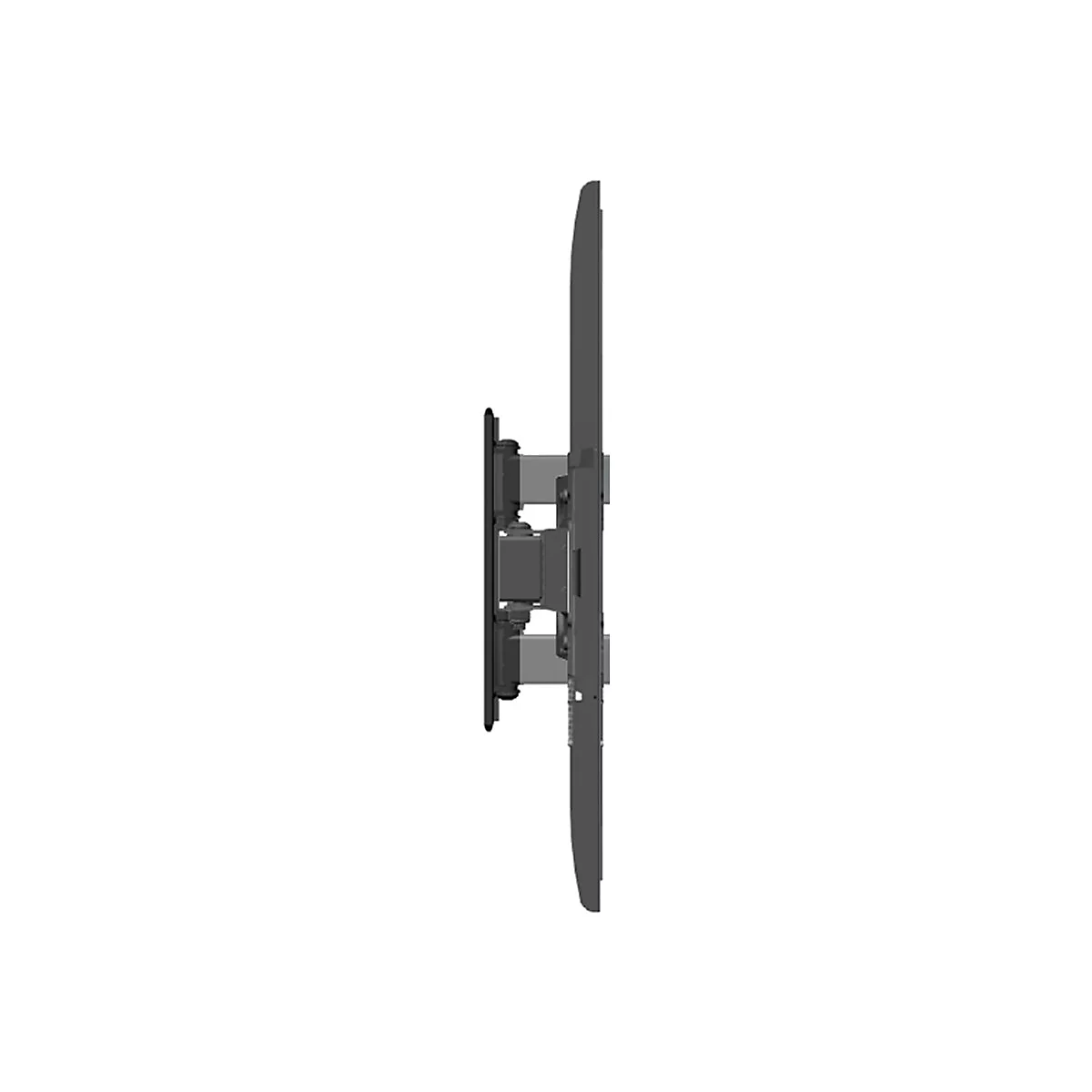 Seitliche Ansicht einer flachen, schwarzen TV-Wandhalterung an einem Fernseher vor weißem Hintergrund.