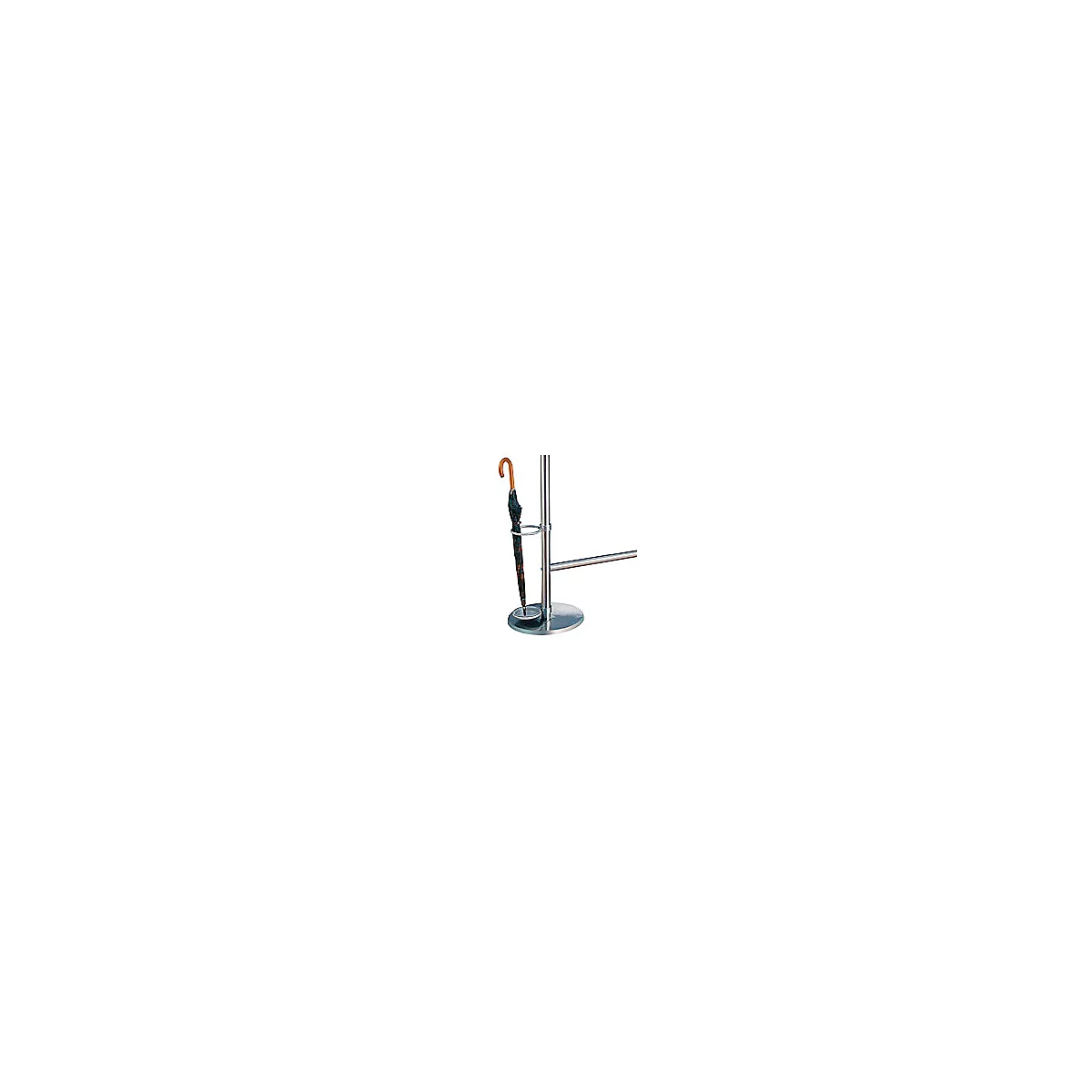 Gray umbrella stand with umbrella. The umbrella has a curved wooden handle. The stand is made of metal.