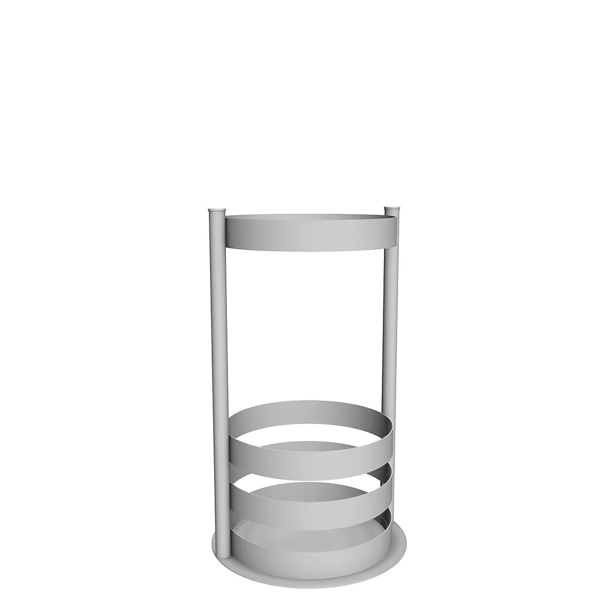 Grey metal stand with circular levels. Top and bottom also circles connected by columns.