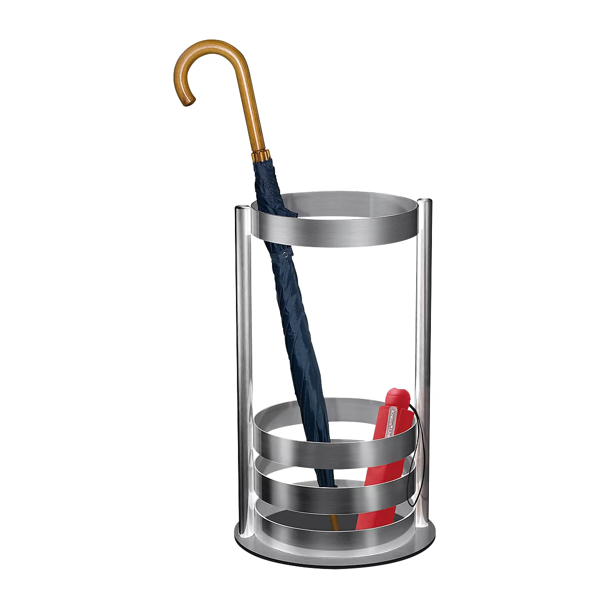 A silver umbrella stand contains a blue umbrella and a red walking stick.