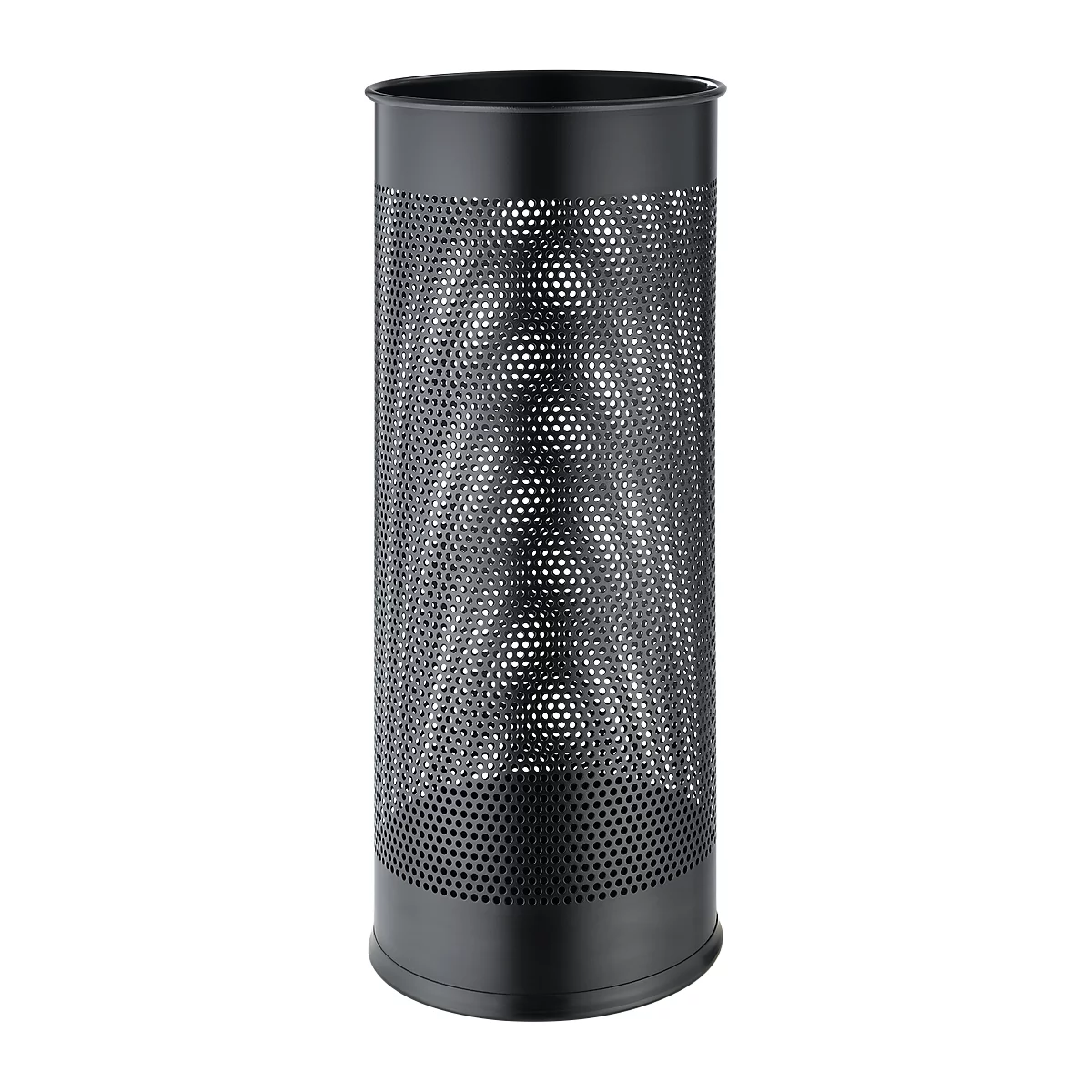 Cylindrical, black waste bin with a perforated pattern.