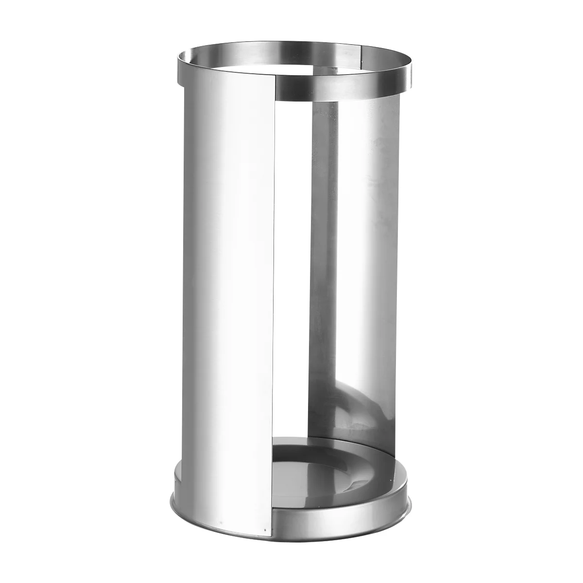 A cylindrical paper towel holder made of shiny metal. It has a round base, open sides, and a top rim.