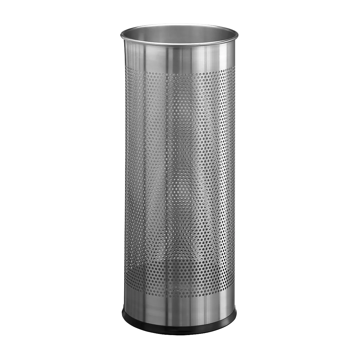 Cylindrical, silver-colored waste bin with a hole pattern.