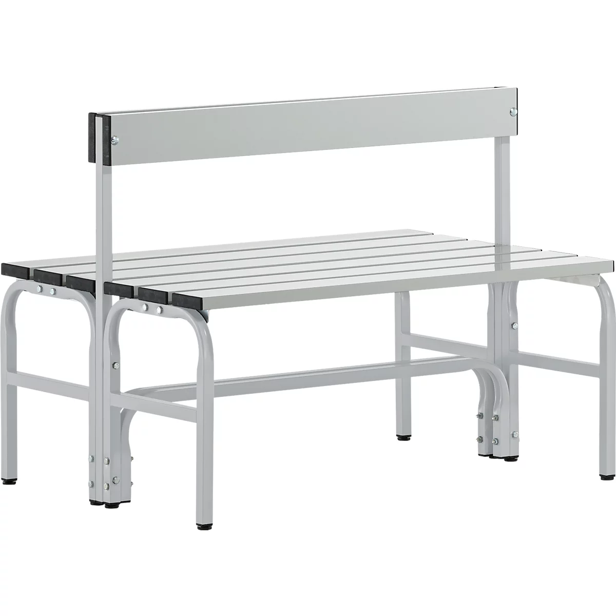 Graue Sitzbank mit Lehne. Sitzfläche mit Querstreben, graue Metallfüße.
