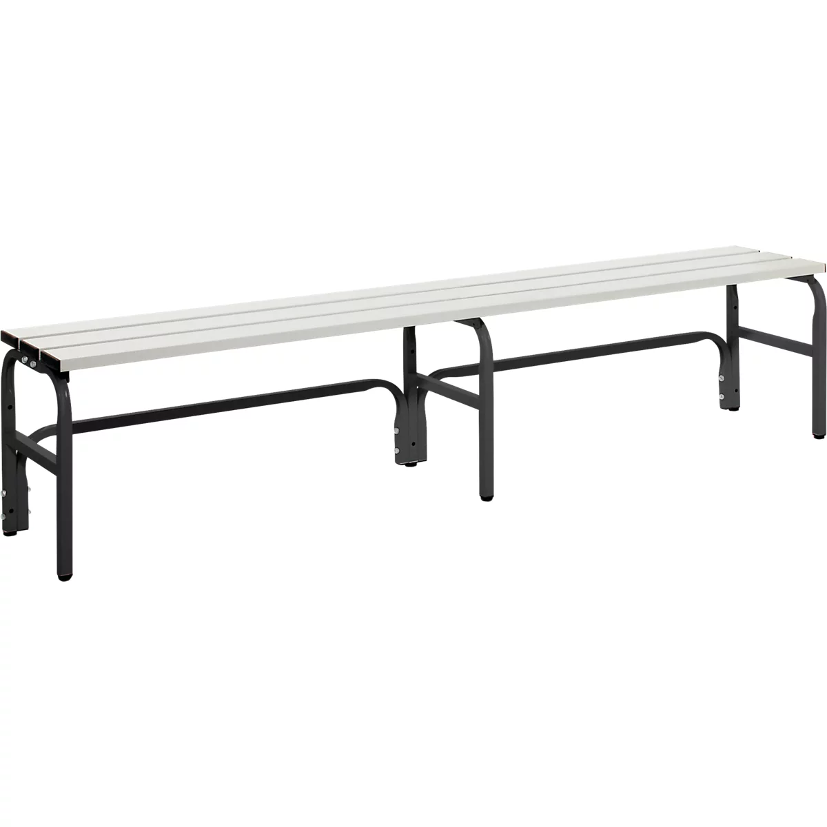 Lange, graue Bank mit schwarzem Gestell. Holzlatten, Stahlrohr. Ideal für Wartebereiche, Umkleiden.