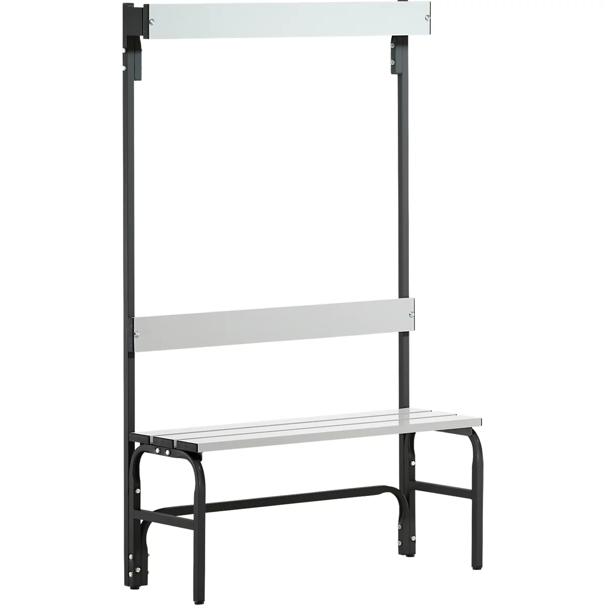 Graue Garderobe mit Sitzbank und Kleiderstange.