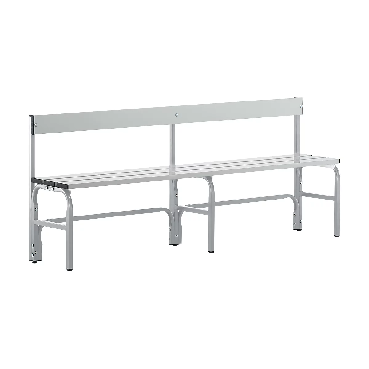 Umkleidebank, Stahlrohr/Alu, einfach mit Rückenteil, 1500 mm lang, weissalu