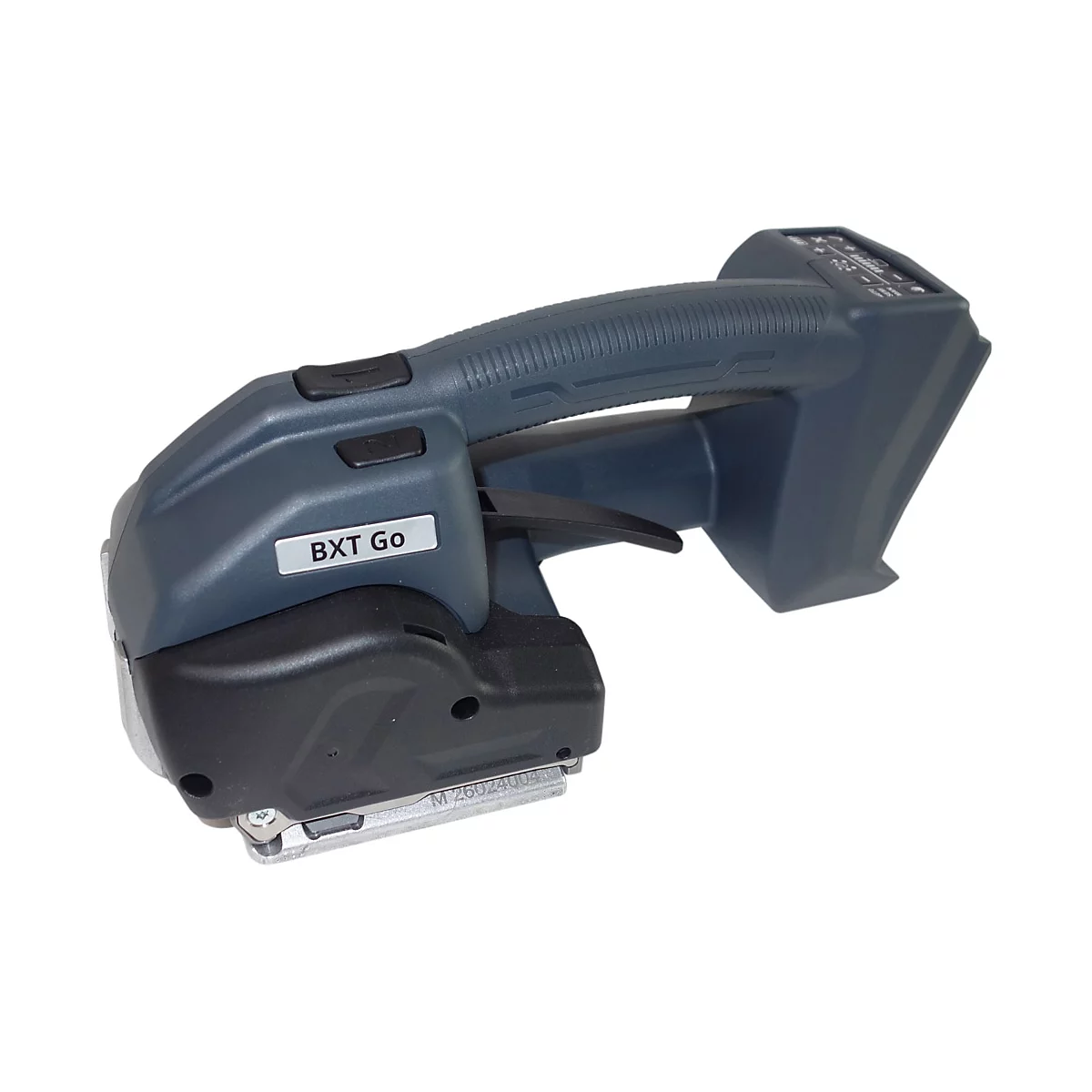 Dunkelblaues Umreifungsgerät BXT Go mit ergonomischem Griff auf weißem Hintergrund.