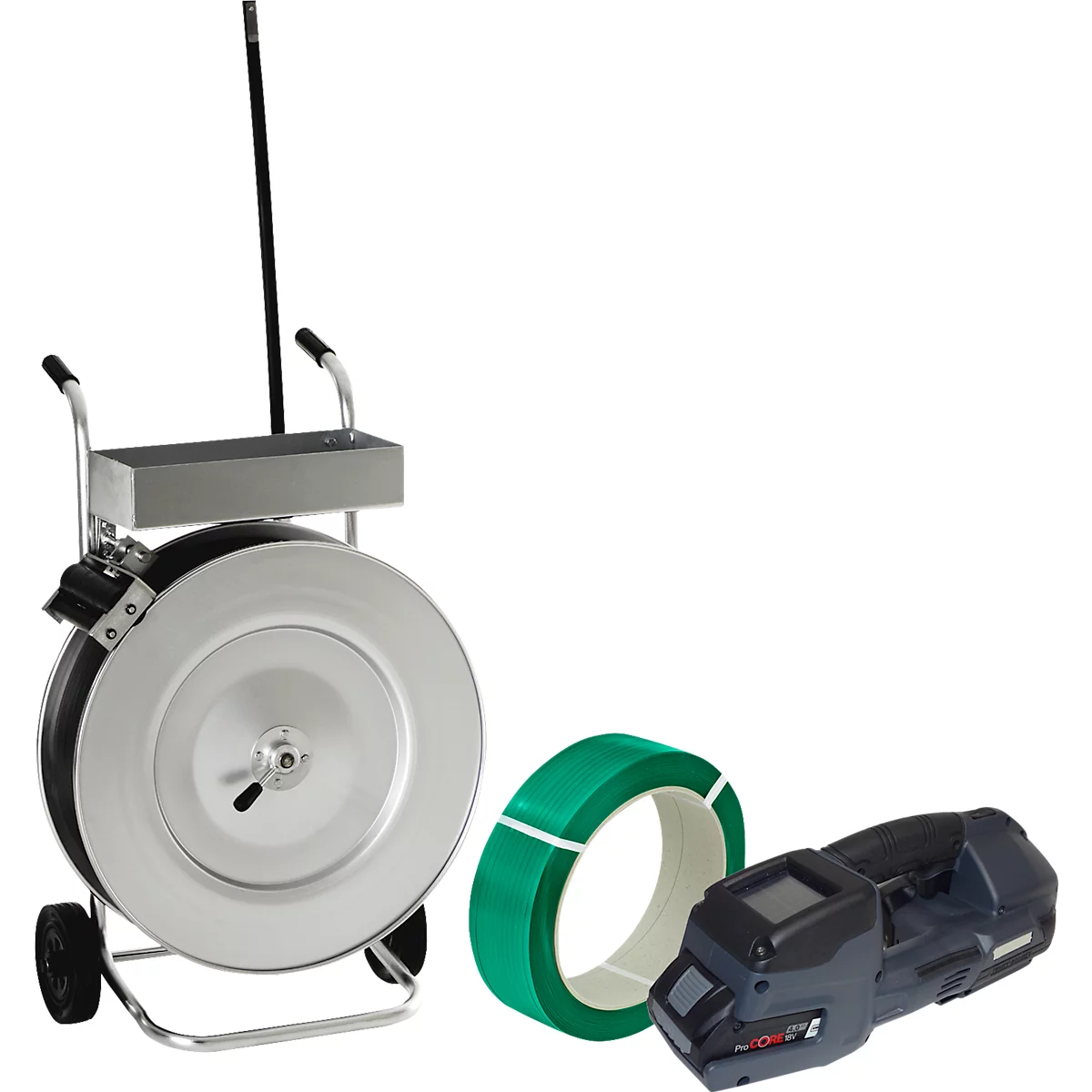 Umreifungsset, 3-teilig, Abrollwagen, Akku Umreifungsgerät Banholzer und Wenz BXT4-16, PET Polyesterband mit L 1700 x B 15,5 mm, Stärke 0,7 mm