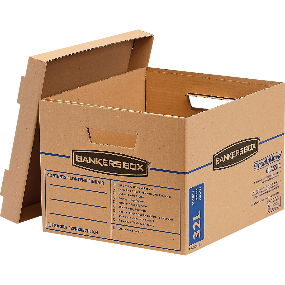 Umzugsbox SmoothMove, 2-lagige Wellenpappe, abnehmbarer Deckel, Beschriftungsfeld, H 260 x B 325 x T 375 mm, 32 L, 10 Stück