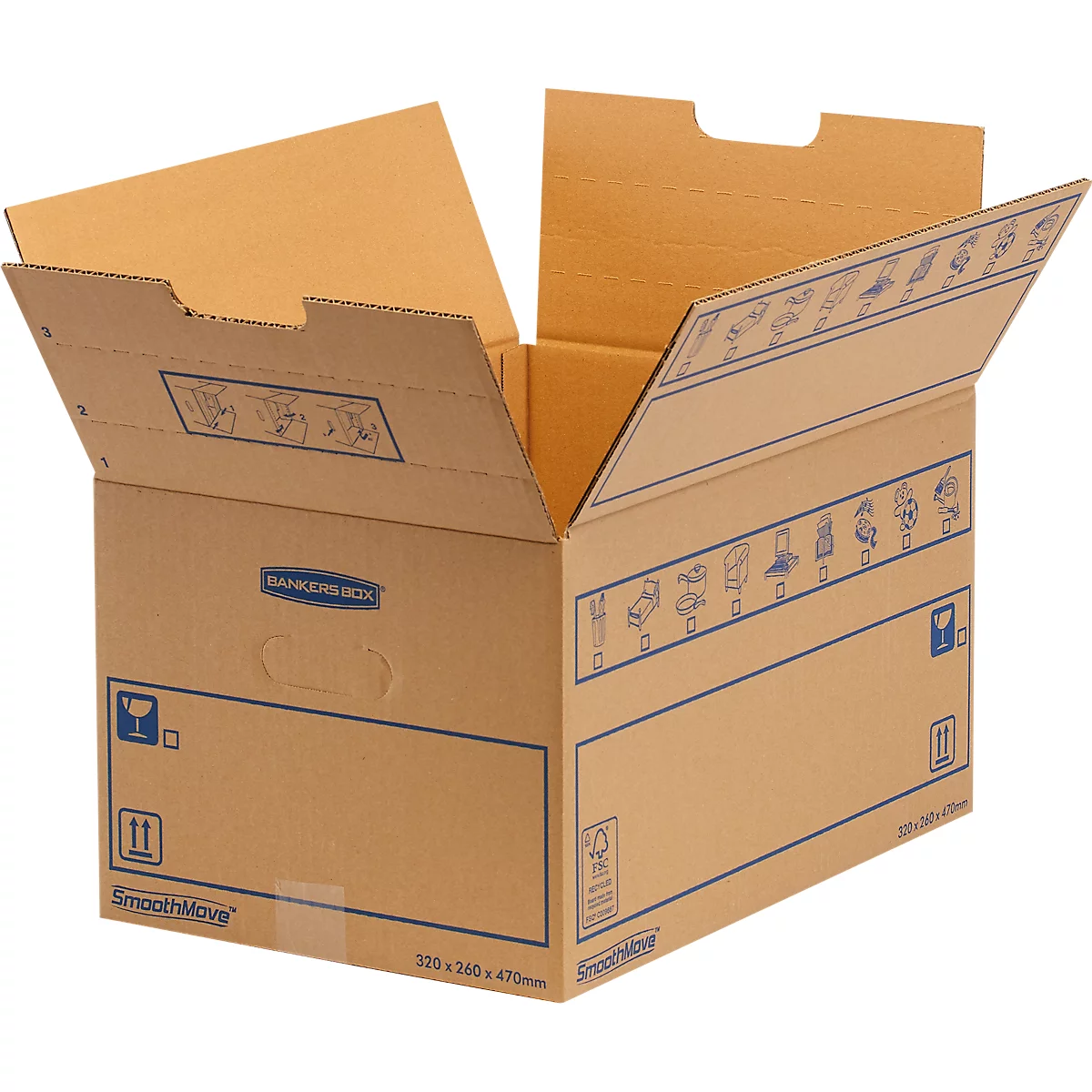 Umzugsbox SmoothMove FastFold Standard, C-Welle-Wellpappe, Tragegriffe, H 270 x B 320 x T 470 mm, 39 L, 10 Stück, braun