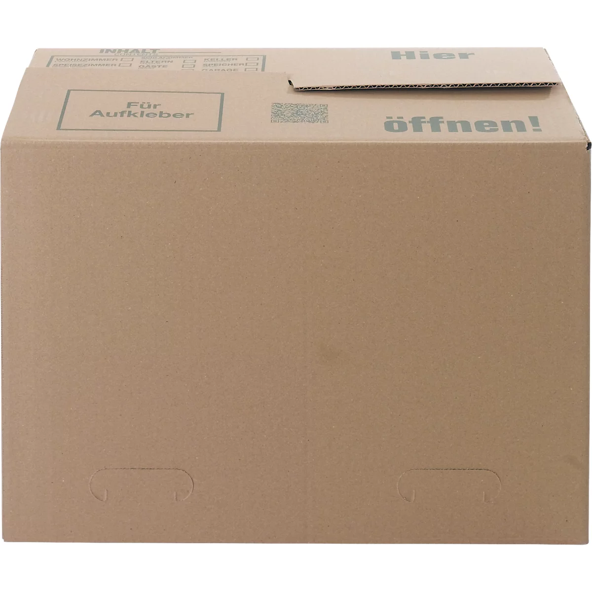 Ein brauner Karton mit der Aufschrift "Für Aufkleber" und "öffnen!" sowie Grifföffnungen.