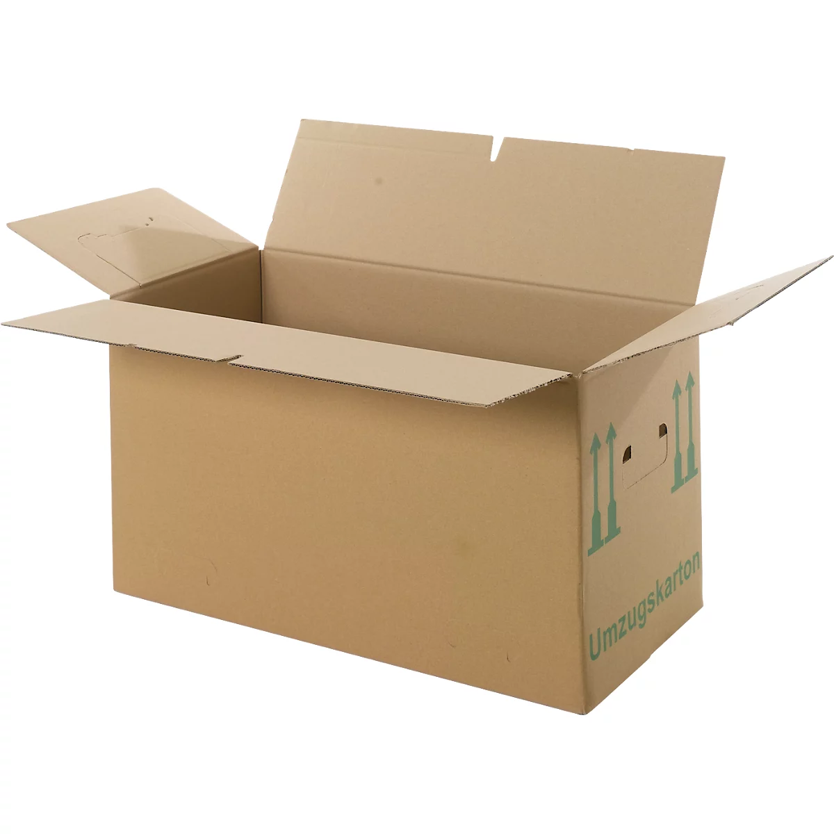 Offener Umzugskarton aus brauner Pappe. Aufschrift 'Umzugskarton' und Symbole.