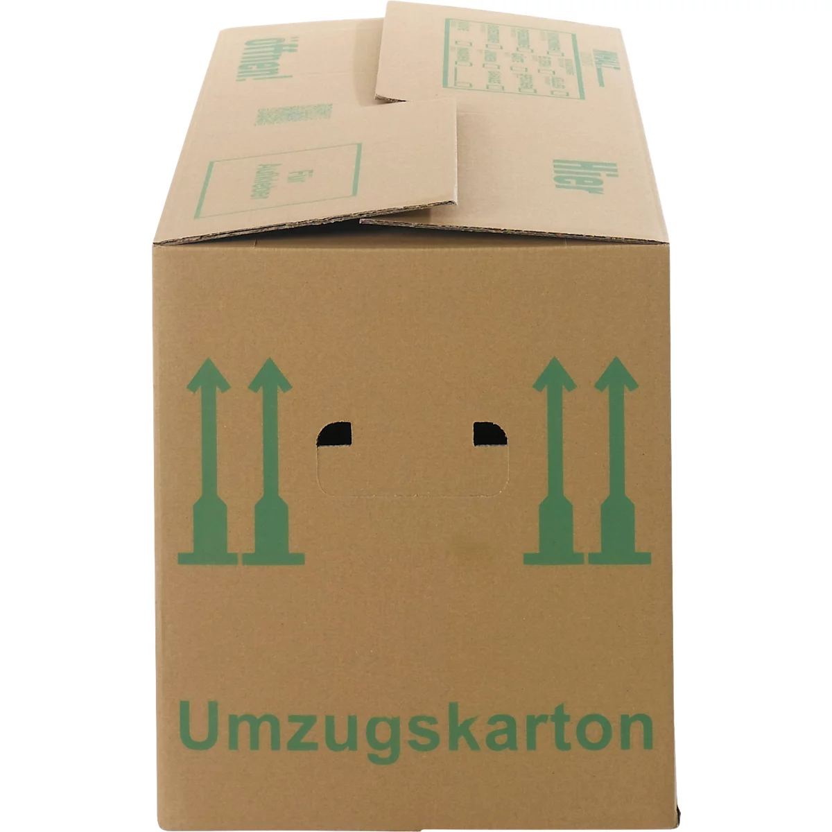 Brauner Umzugskarton mit Pfeilen und der Aufschrift 'Umzugskarton'.
