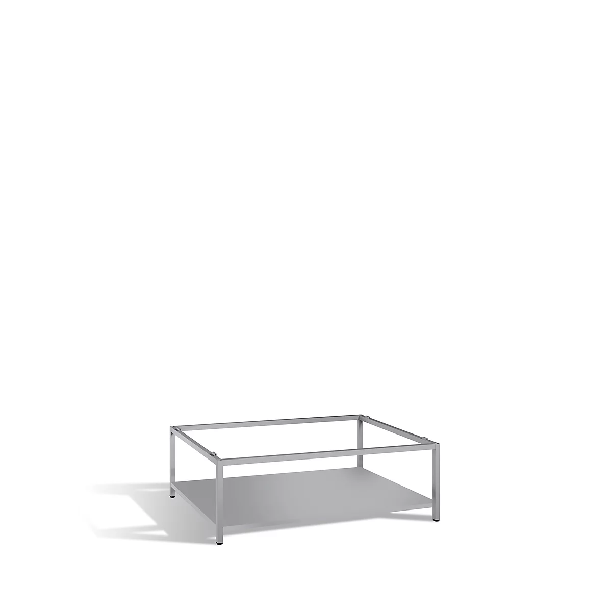 A rectangular, silver coffee table, consisting of a frame and a shelf. It stands against a white background.