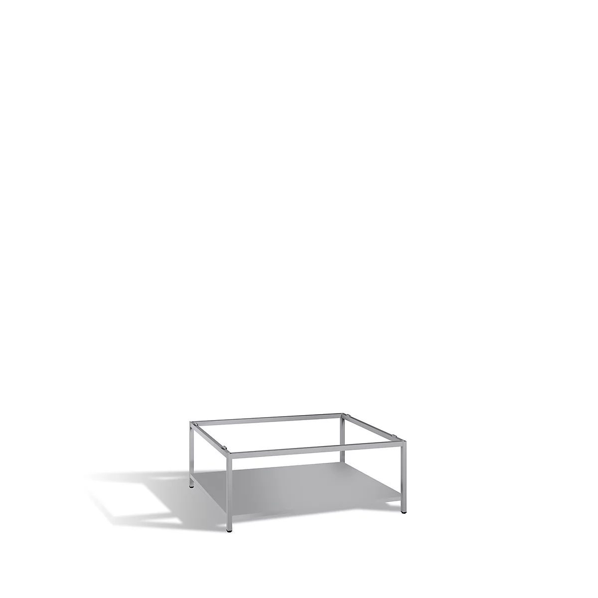 Square, silver-colored table with a rectangular base, isolated on a white background.