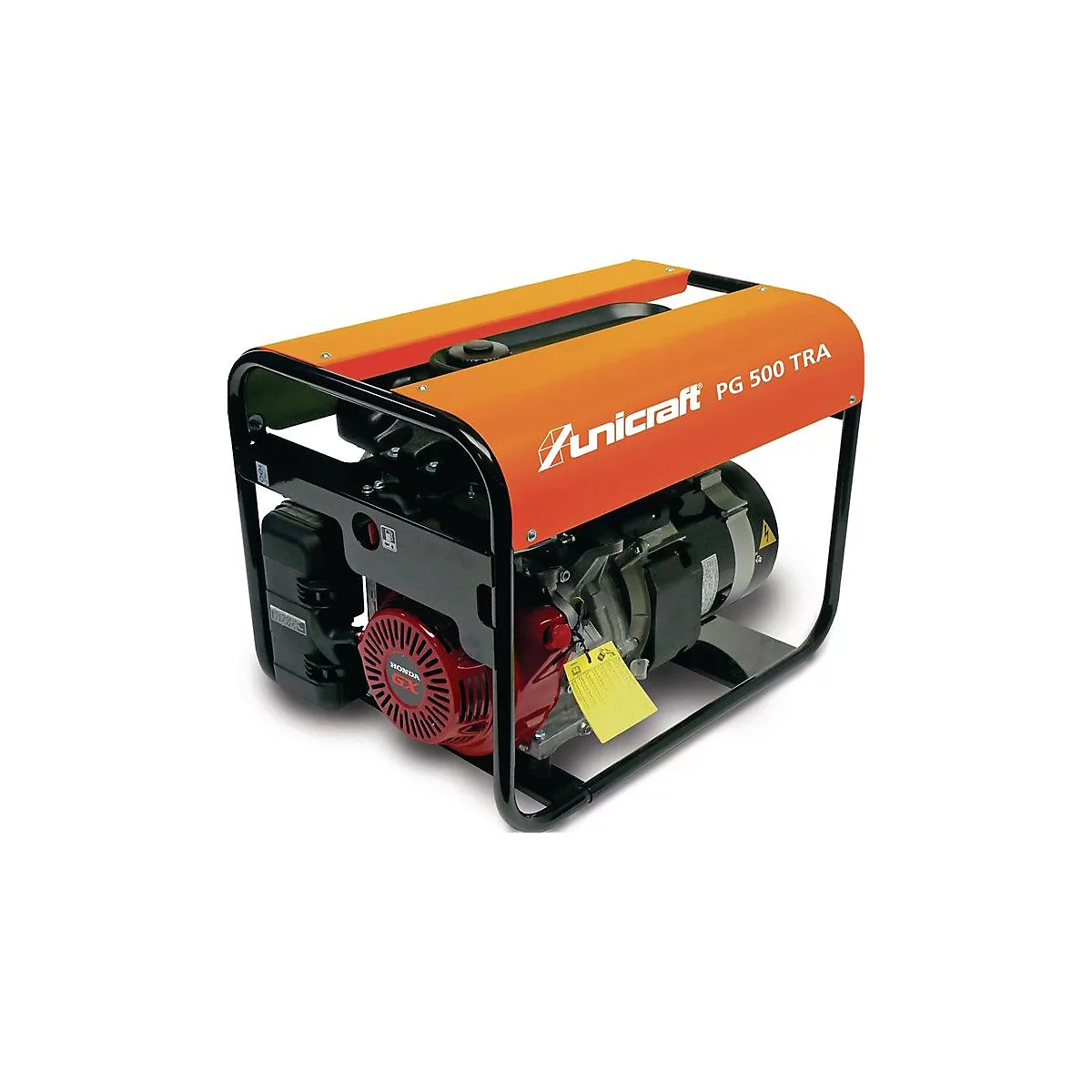 Générateur orange avec cadre noir et moteur rouge. Inscription : Unicraft PG 500 TRA, Honda.
