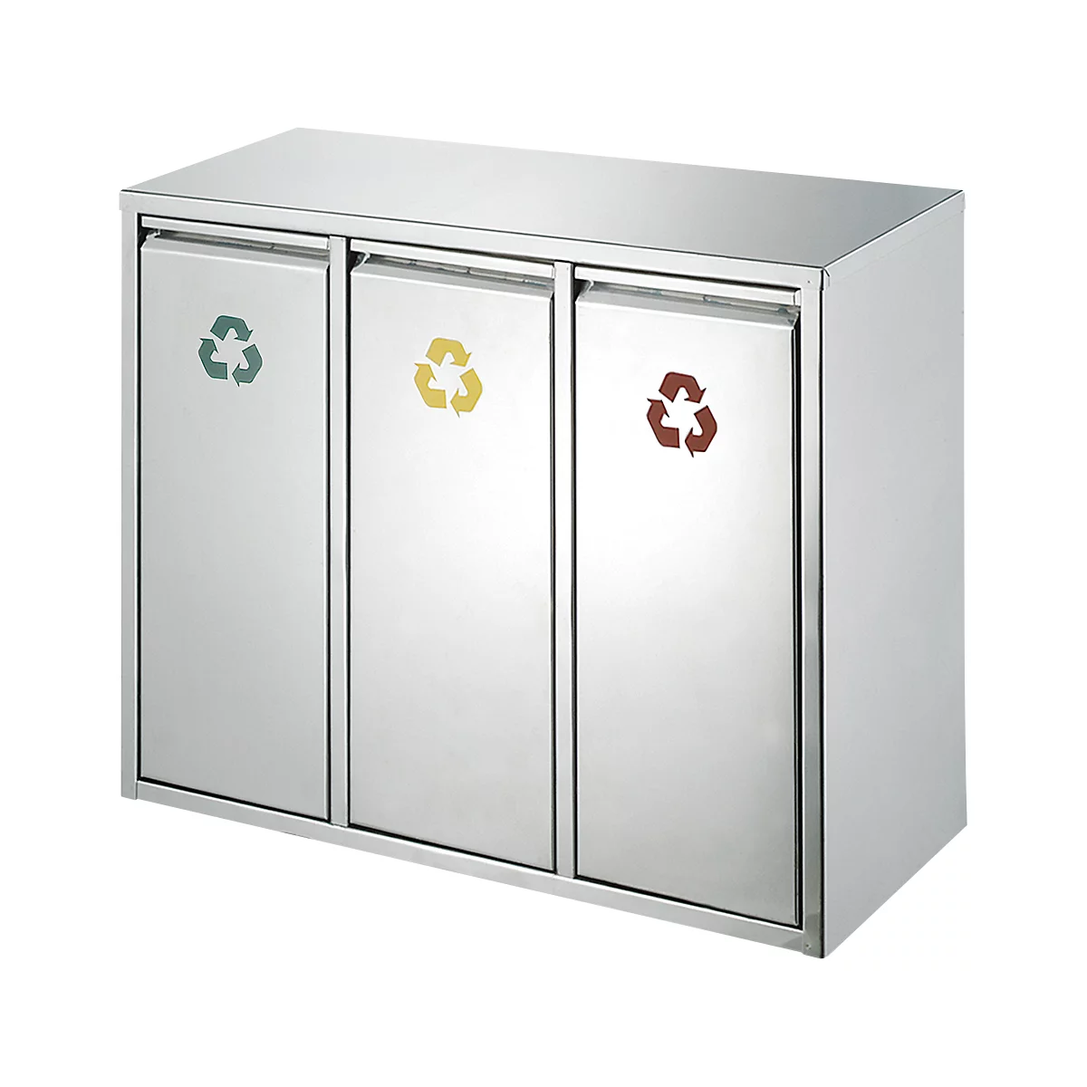 Sistema de separación de residuos de acero inoxidable con tres compartimentos, marcados con símbolos de reciclaje en verde, amarillo y marrón.