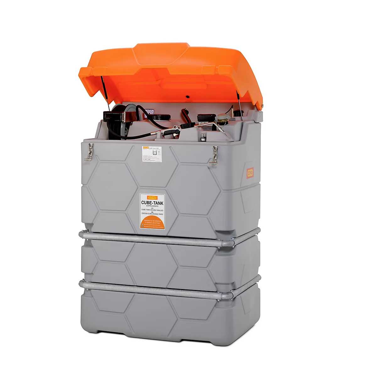 Unidad de depósito de lubricante CEMO CUBE Outdoor Premium, bomba eléctrica de 230 V, 15 m de manguera, tapa abatible, varias versiones Versiones