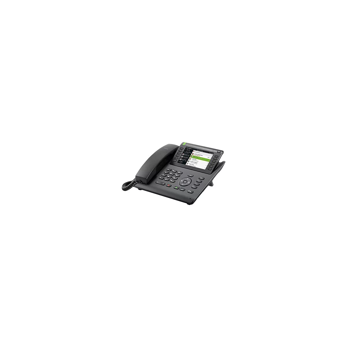 Graues Tischtelefon mit Display. Auf dem Bildschirm eine Kontaktliste. HÃ¶rer liegt daneben.