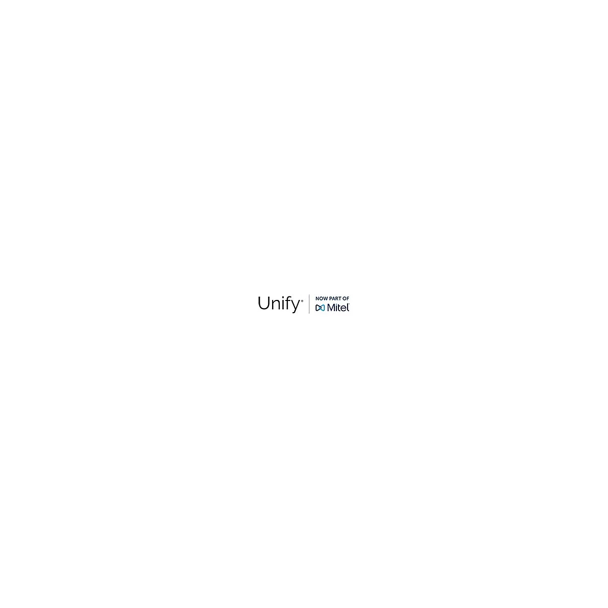 Das Unify-Logo steht links neben dem Text 'NOW PART OF Mitel' mit einem Mitel-Logo.