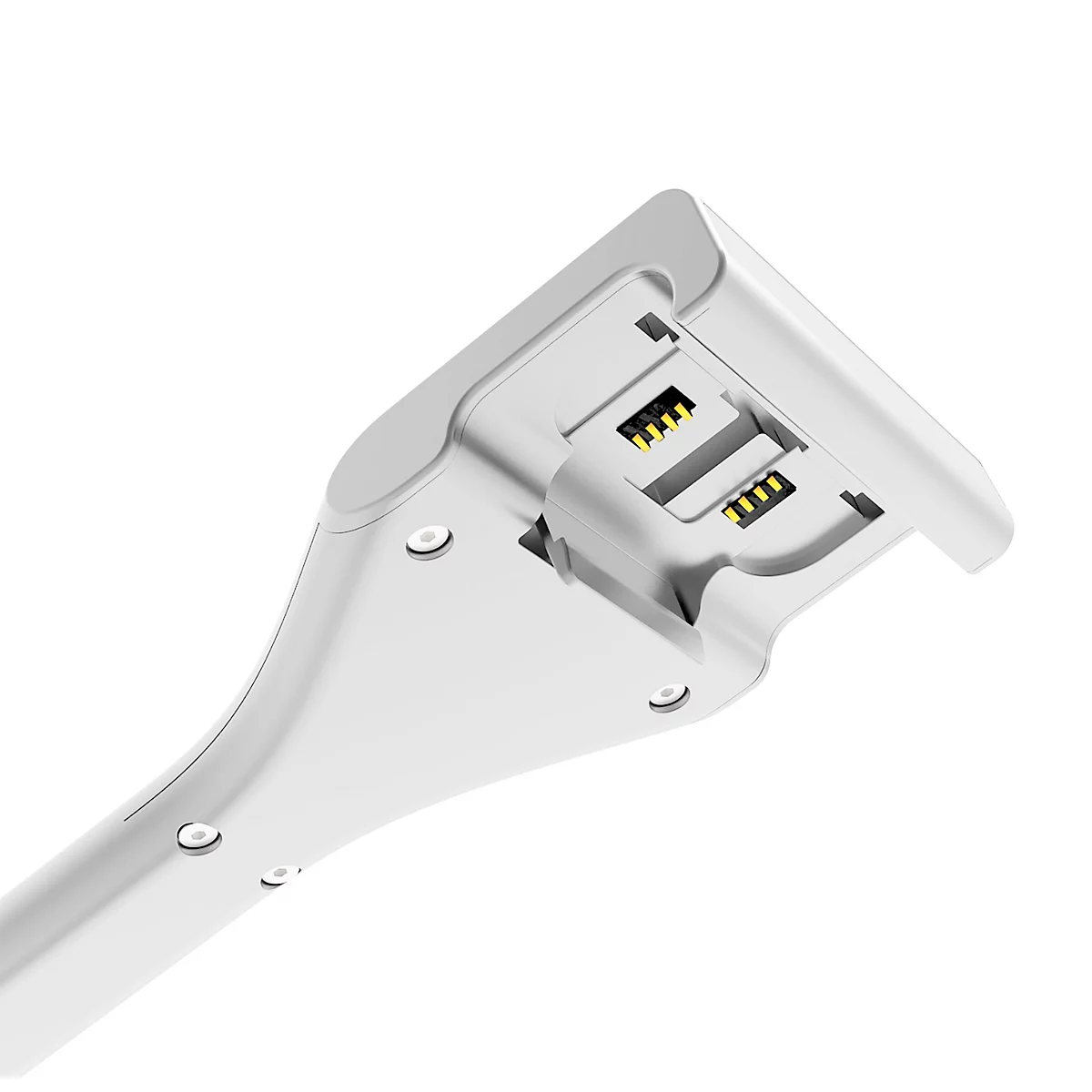Gros plan d'un produit blanc avec deux connecteurs jaunes. Un design incurvé avec de petites vis.