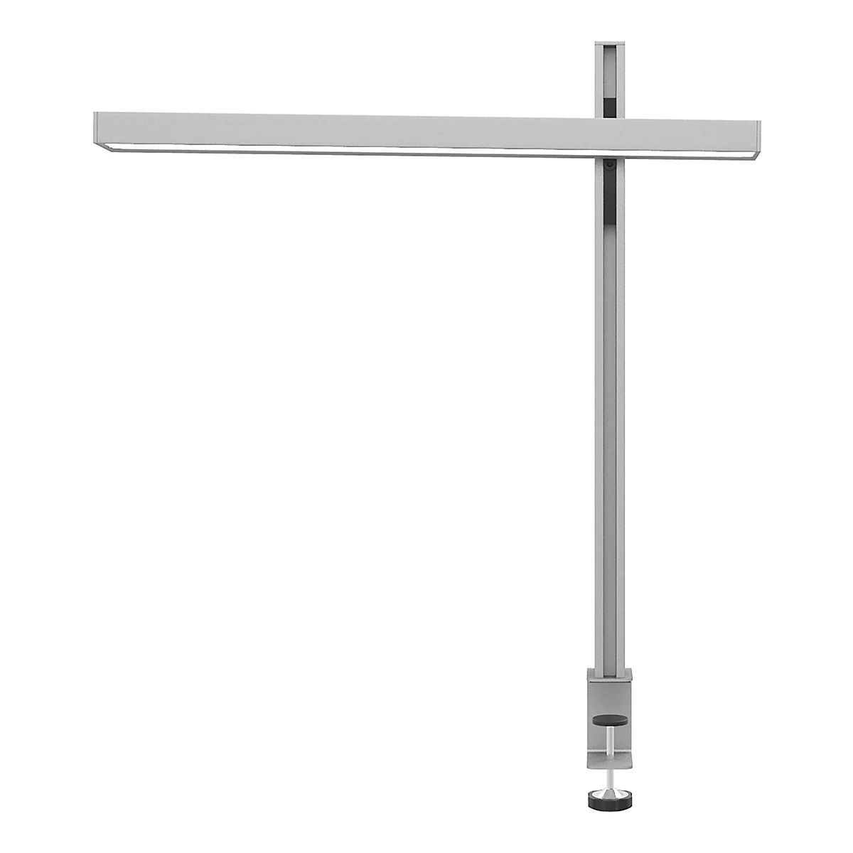 Lampe de bureau grise sur fond blanc. Tête de lampe horizontale, bras vertical avec pince.