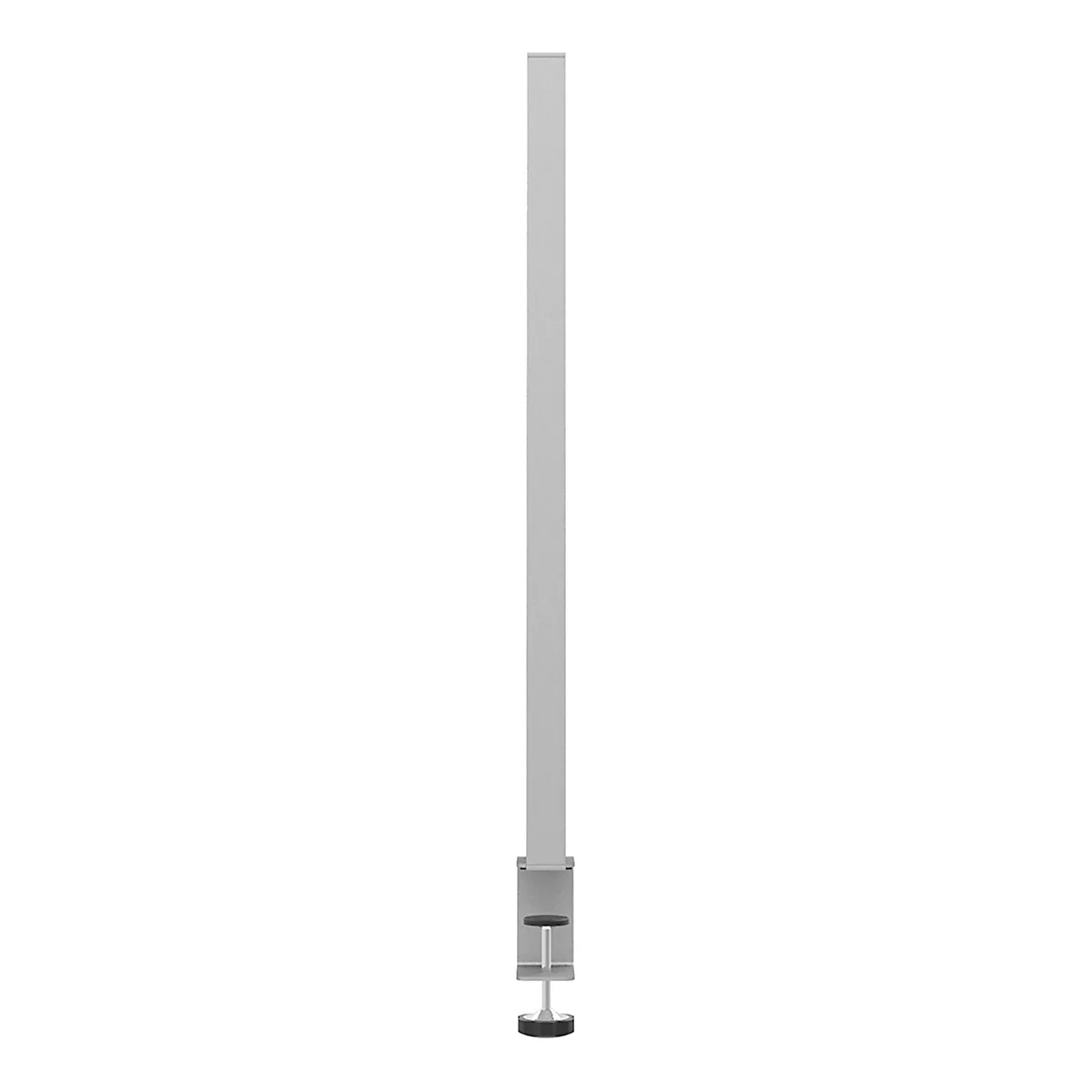 Support de moniteur gris en forme de pilier. La forme est oblongue, rectangulaire et légèrement floue.