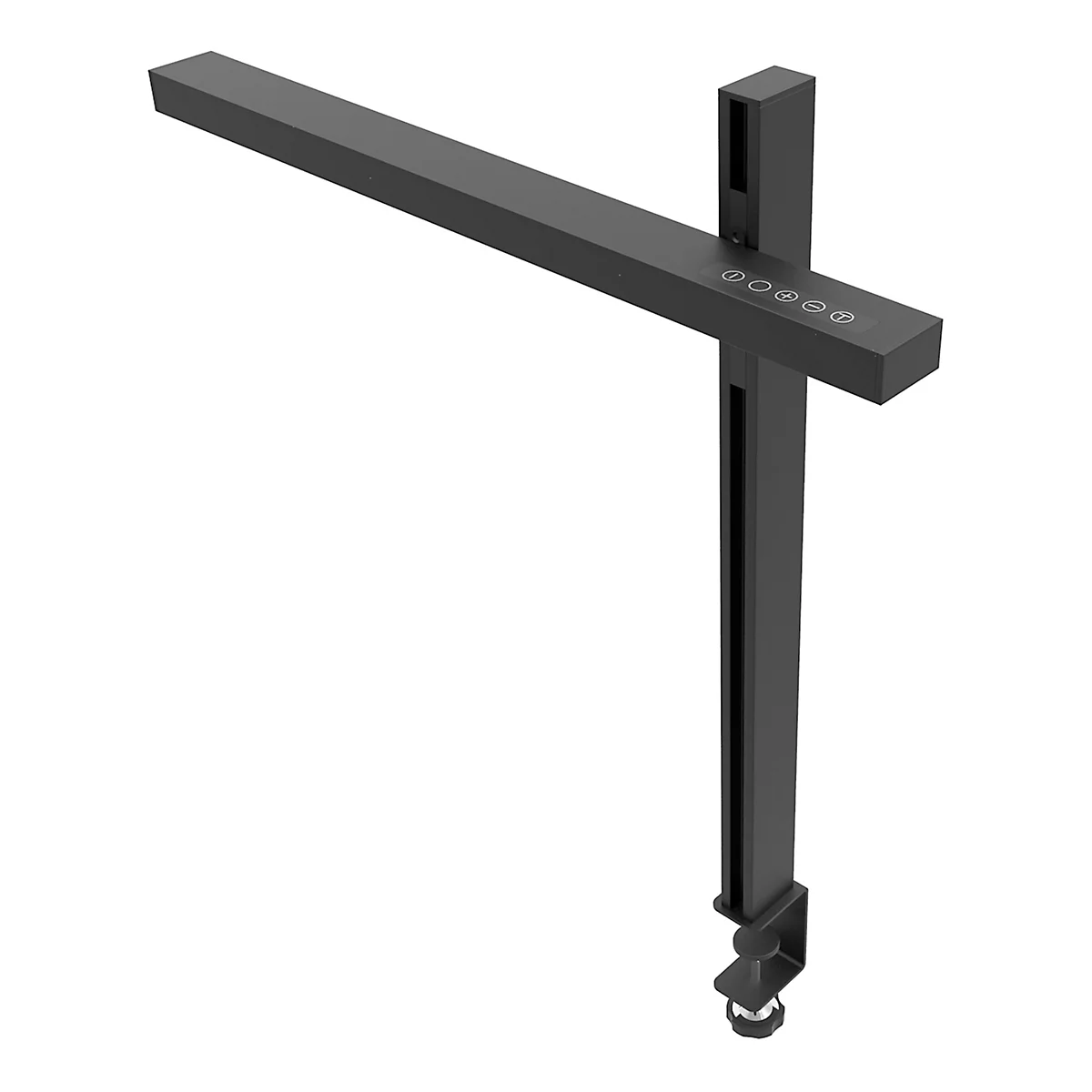 Lampe à pince noire, style moderne. La tête de la lampe est rectangulaire, contrôle avec des symboles. Pince à la base pour la fixation.