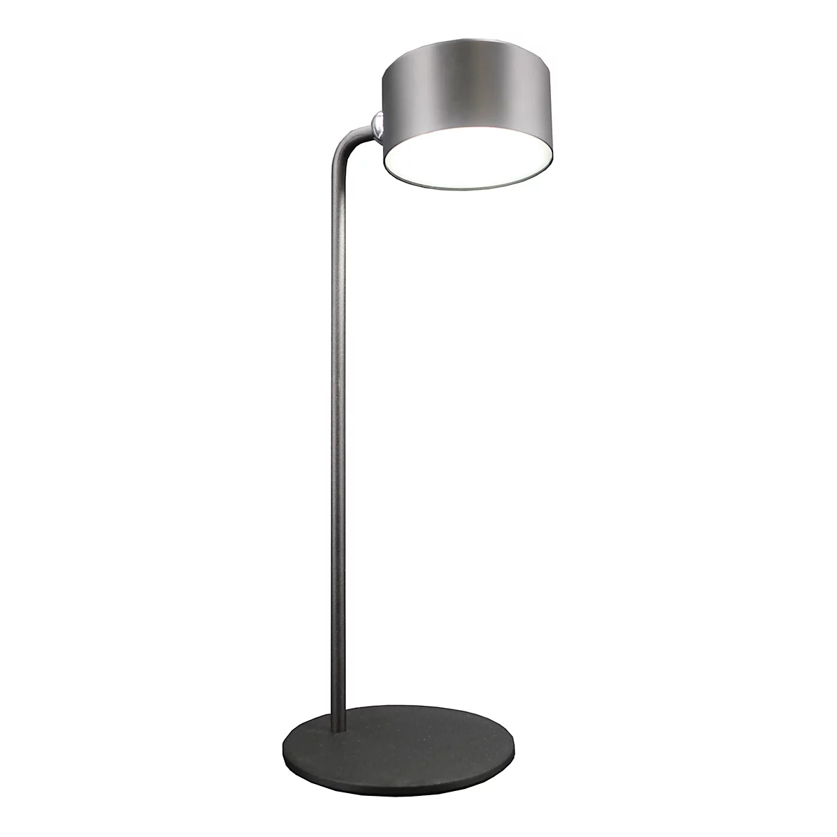Eine silberne Tischleuchte mit rundem Lampenschirm und Fuß. Der Lampenschirm leuchtet von innen.