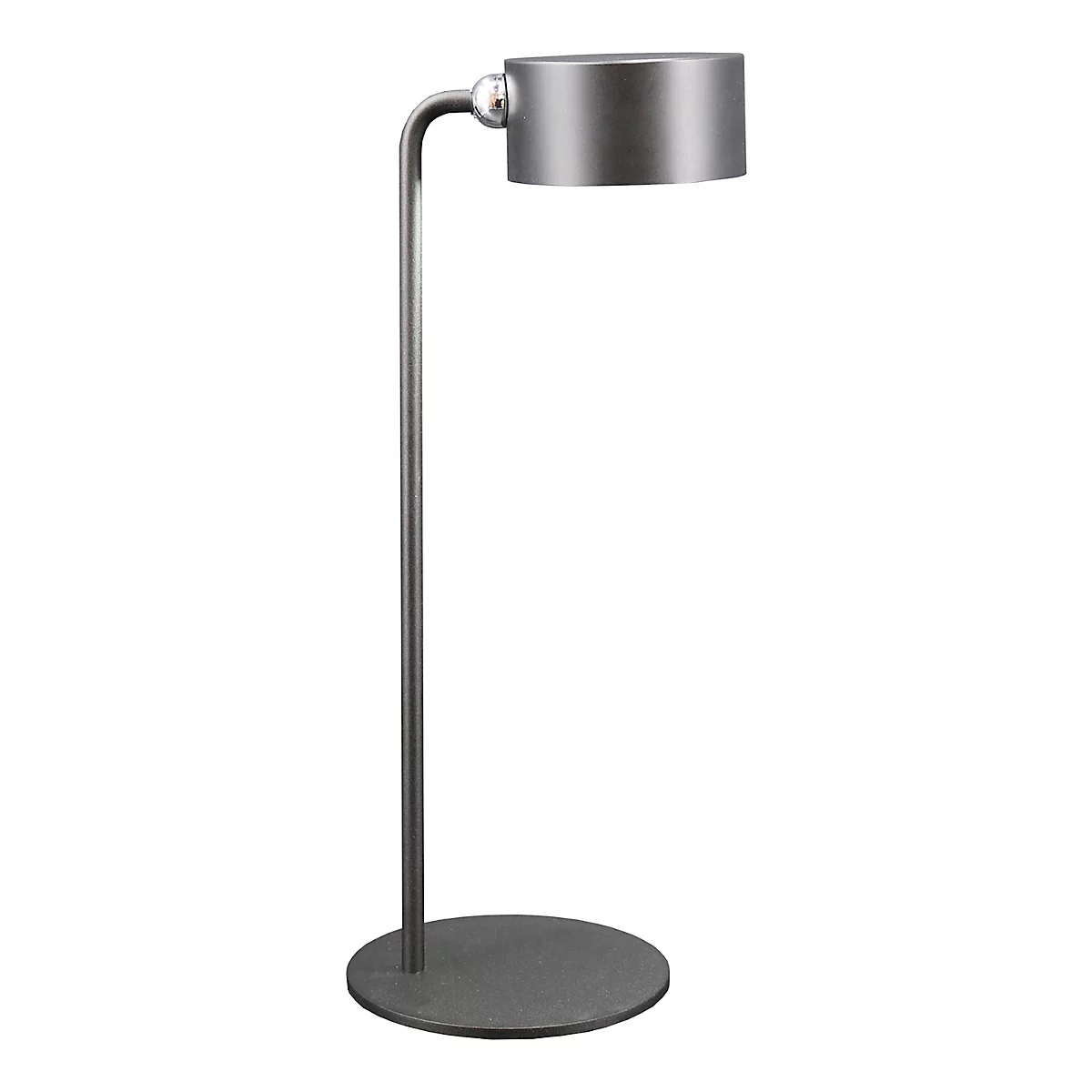 Graue Stehlampe mit rundem Fuß und zylindrischem Lampenschirm.