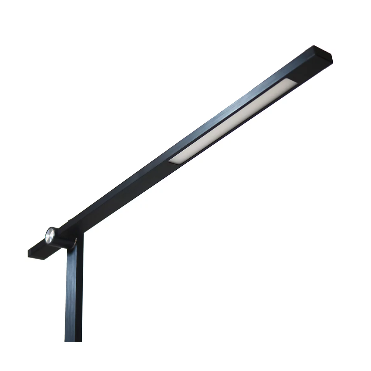 Schwarze, minimalistische LED-Schreibtischlampe mit schwenkbarem Kopf vor weißem Hintergrund.