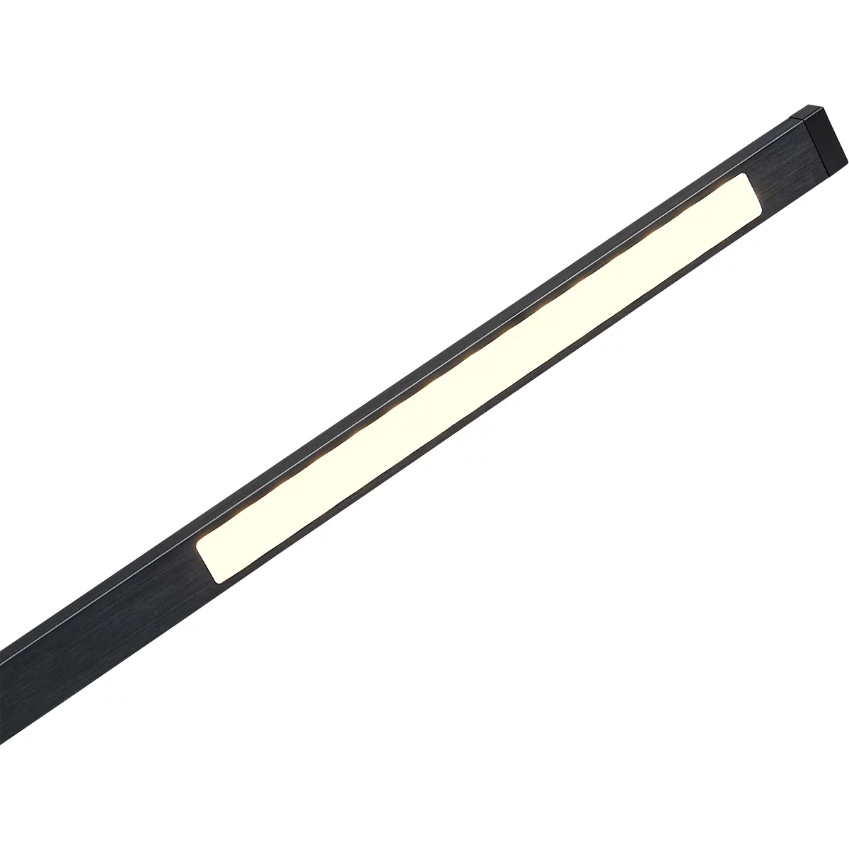 Schlanke, schwarze LED-Lichtleiste mit warmweiß leuchtendem Diffusorstreifen vor weißem Hintergrund.