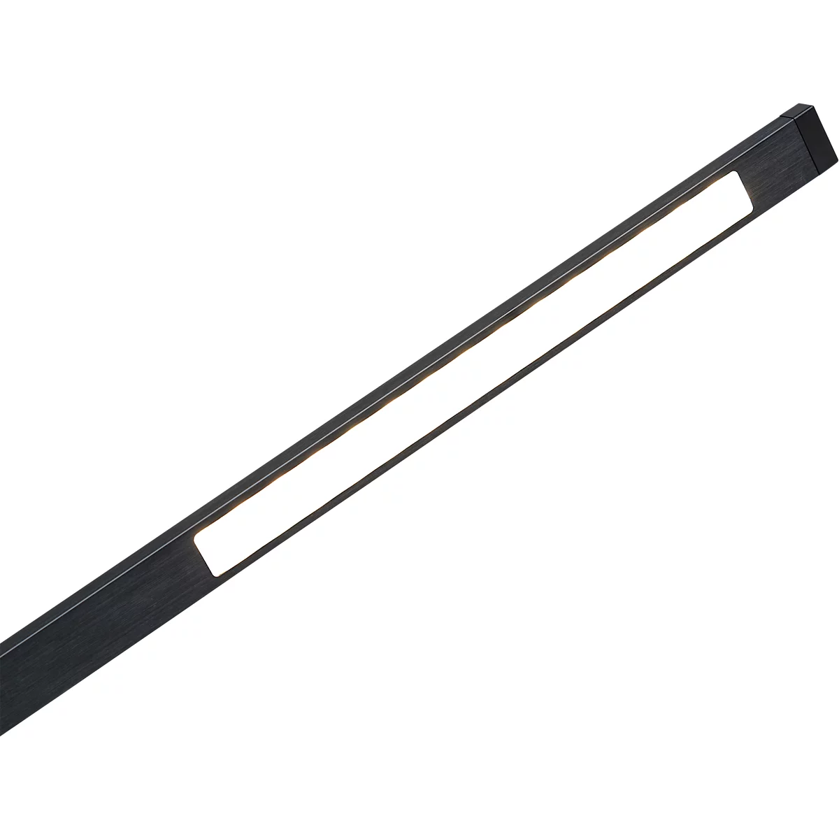 Schmale, schwarze LED-Lichtleiste diagonal vor weißem Hintergrund.