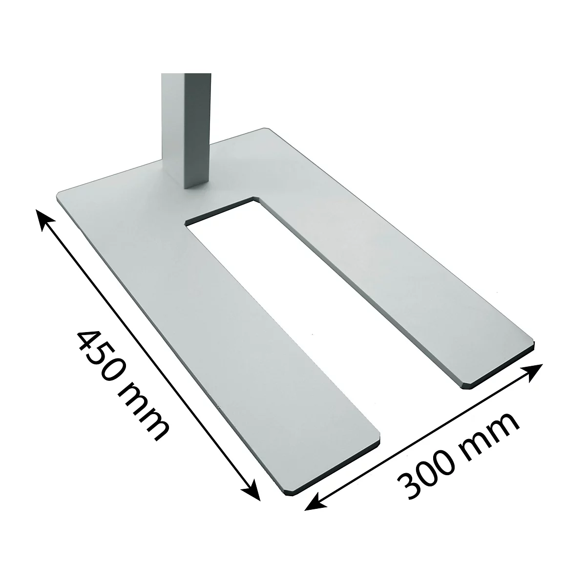 U-förmiger Metallfuß in Silber mit Bemaßung von 450 mm Tiefe und 300 mm Breite.
