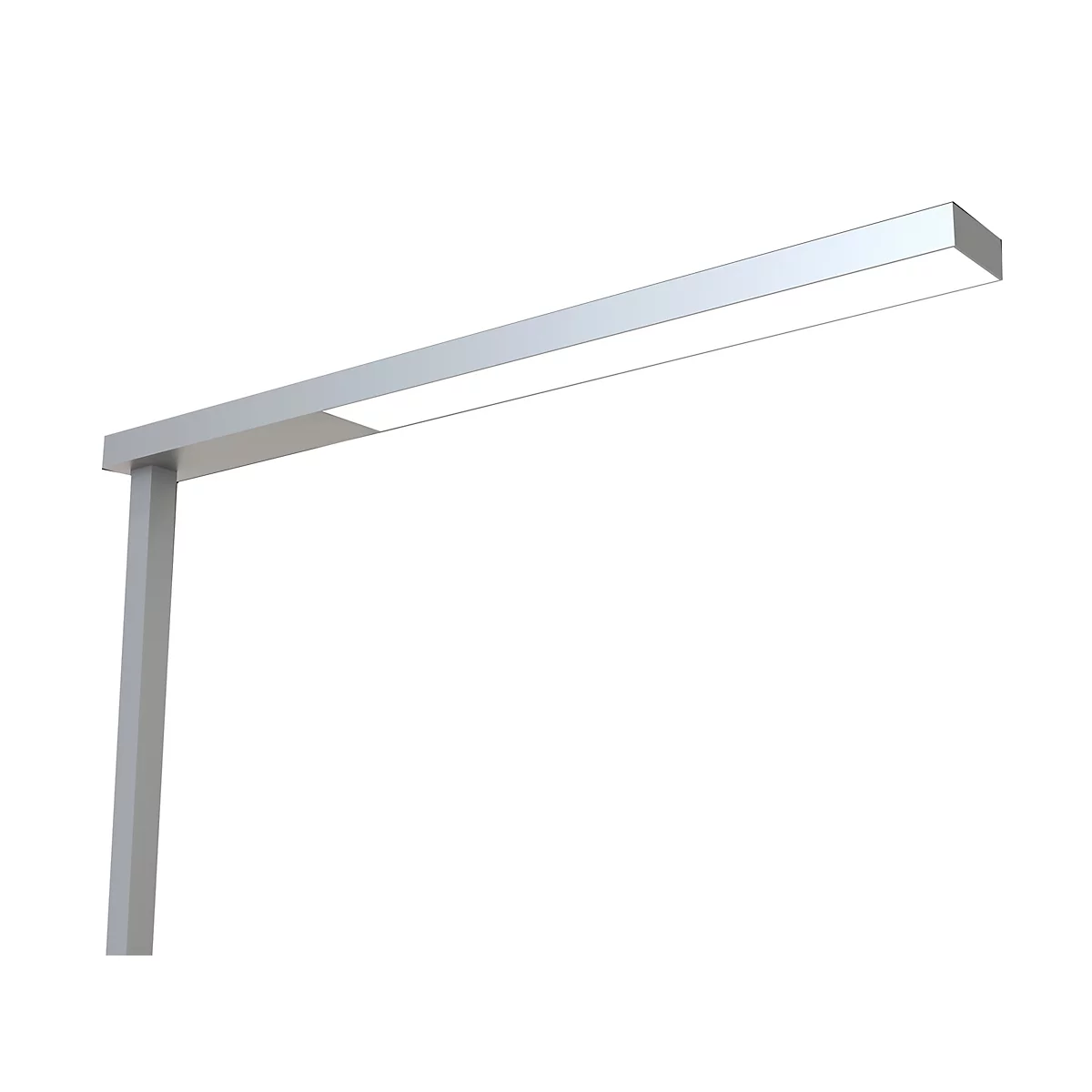Moderne, silberfarbene LED-Schreibtischleuchte mit schlankem Design vor weißem Hintergrund.