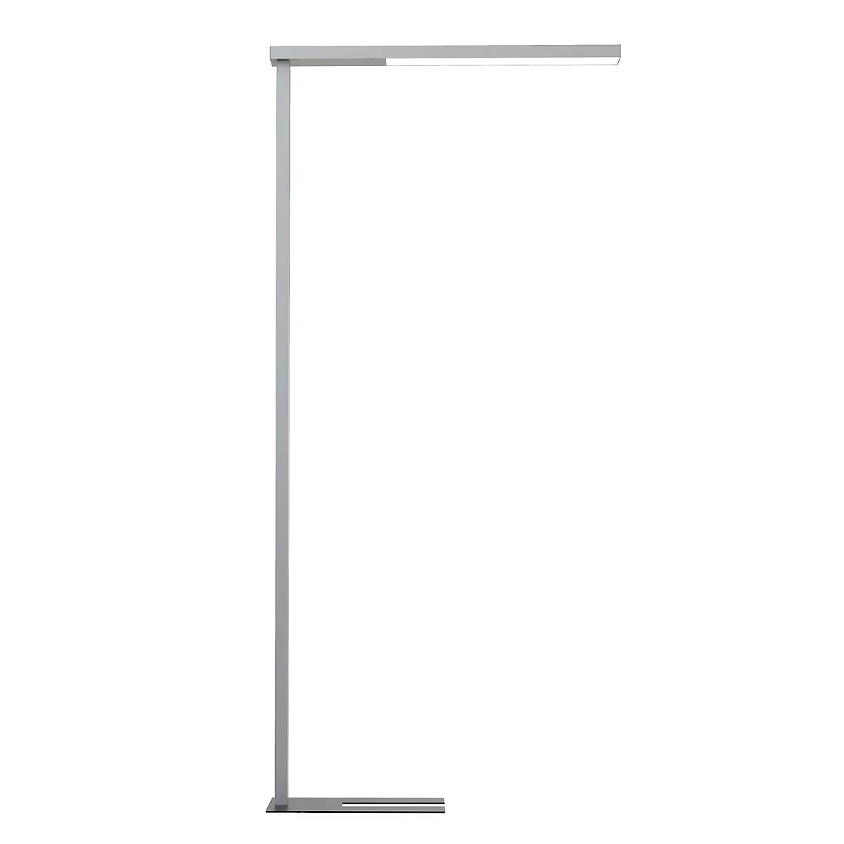 Schlanke, moderne Stehleuchte aus silbernem Metall mit horizontalem Leuchtkopf auf weißem Hintergrund.