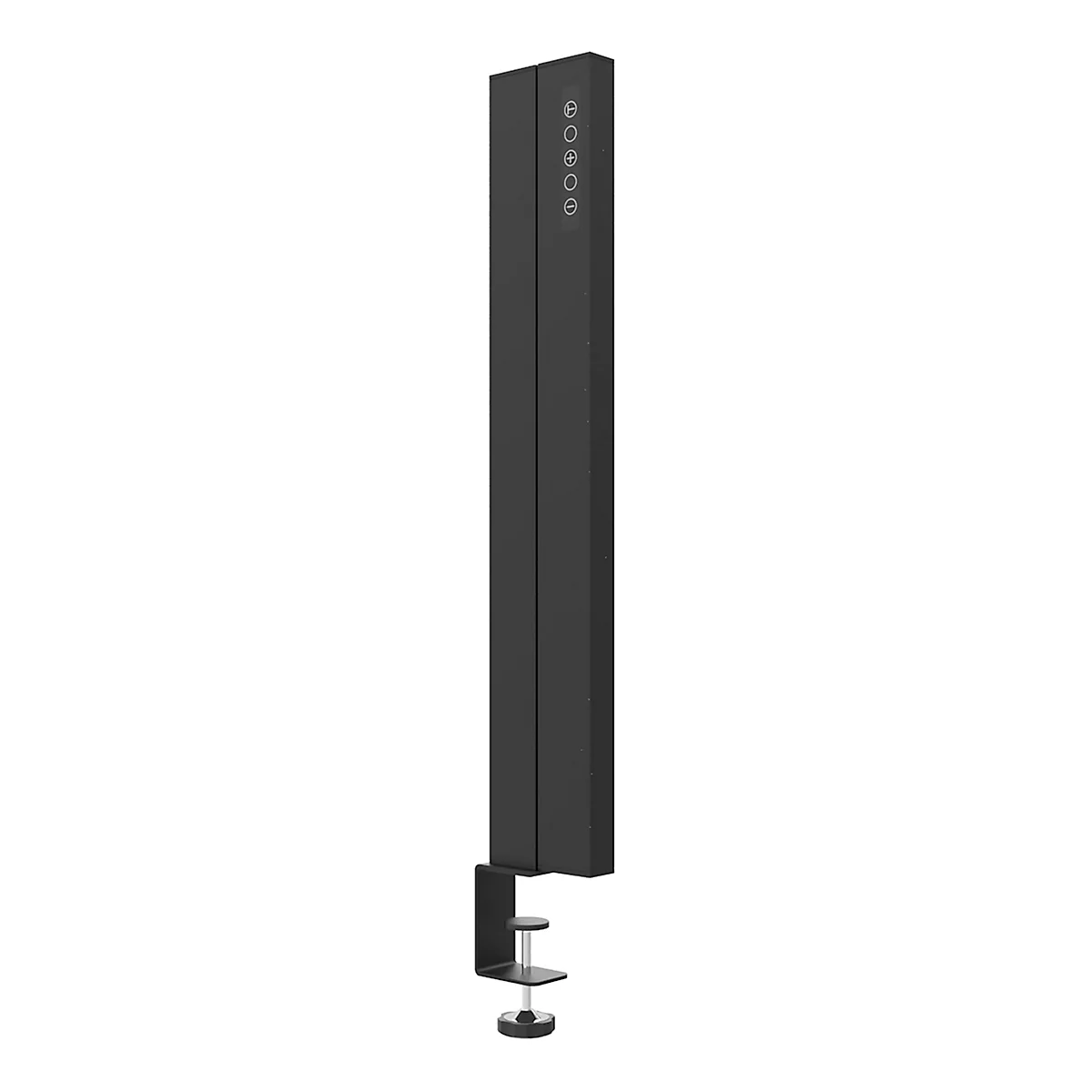 Black-gray speaker, vertical with clamp mount, controls on the front.