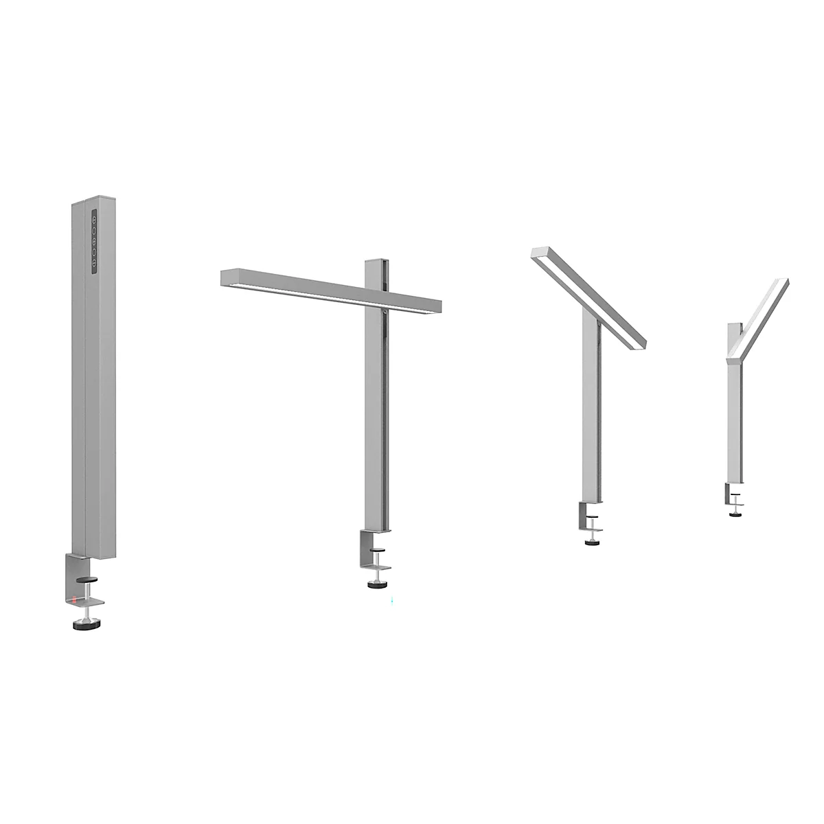 Gray desk lamps in various positions. Attached on a clamp, with LED light bars.