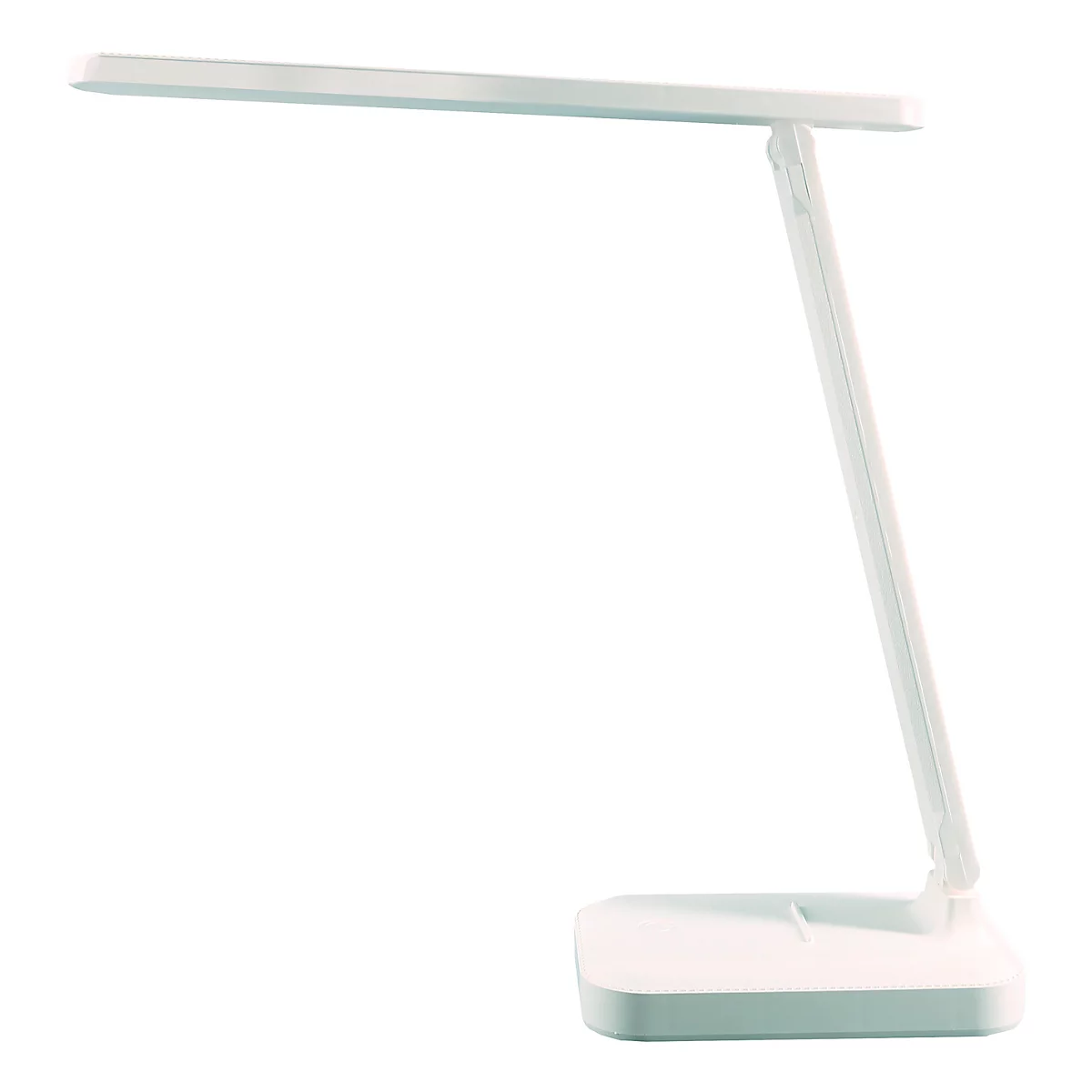 Witte, moderne bureaulamp met LED-verlichting. De lampkop en arm zijn verstelbaar. De voet is rechthoekig.