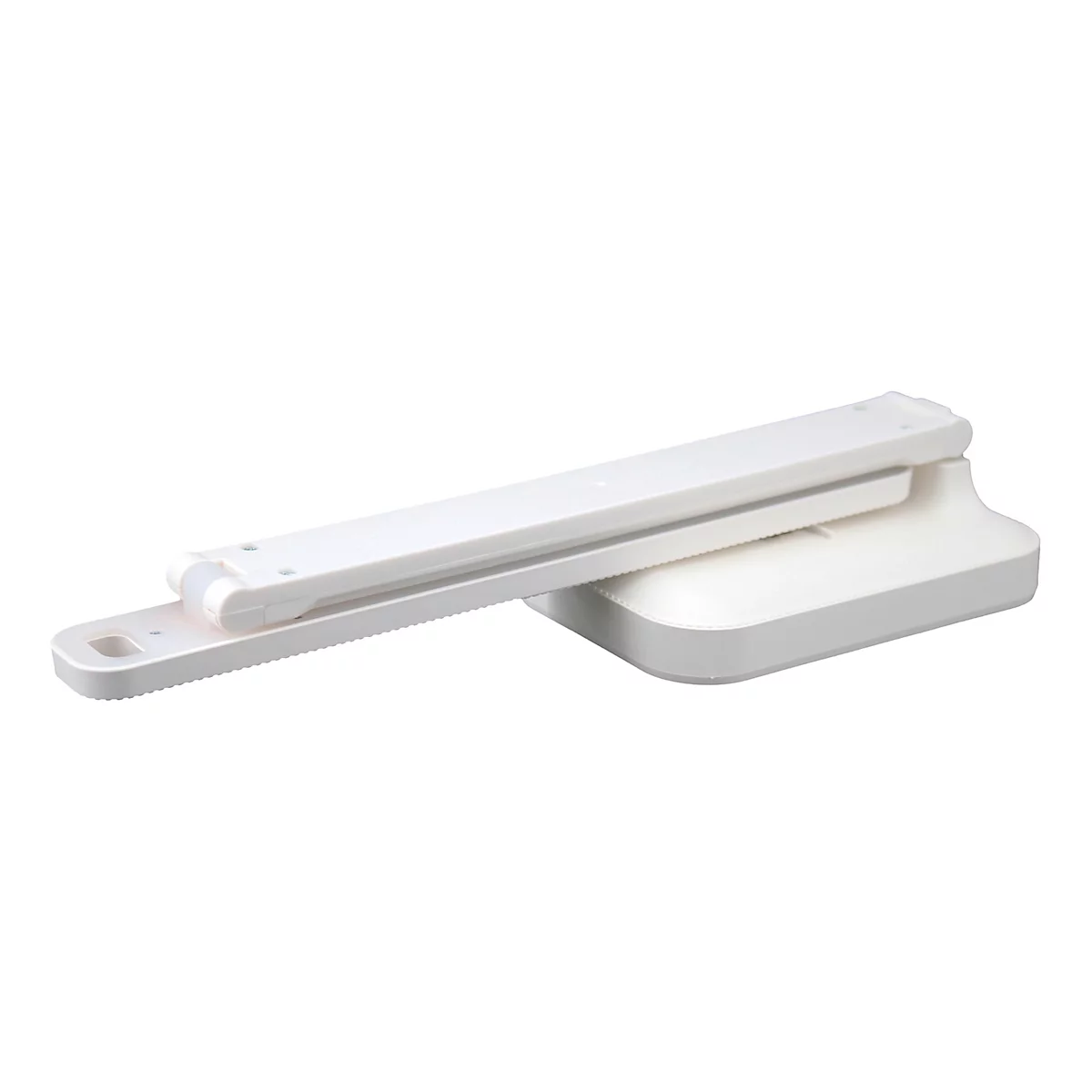 Witte, opvouwbare bureaulamp met een platte voet en een langwerpig, rechthoekig lichtlichaam.