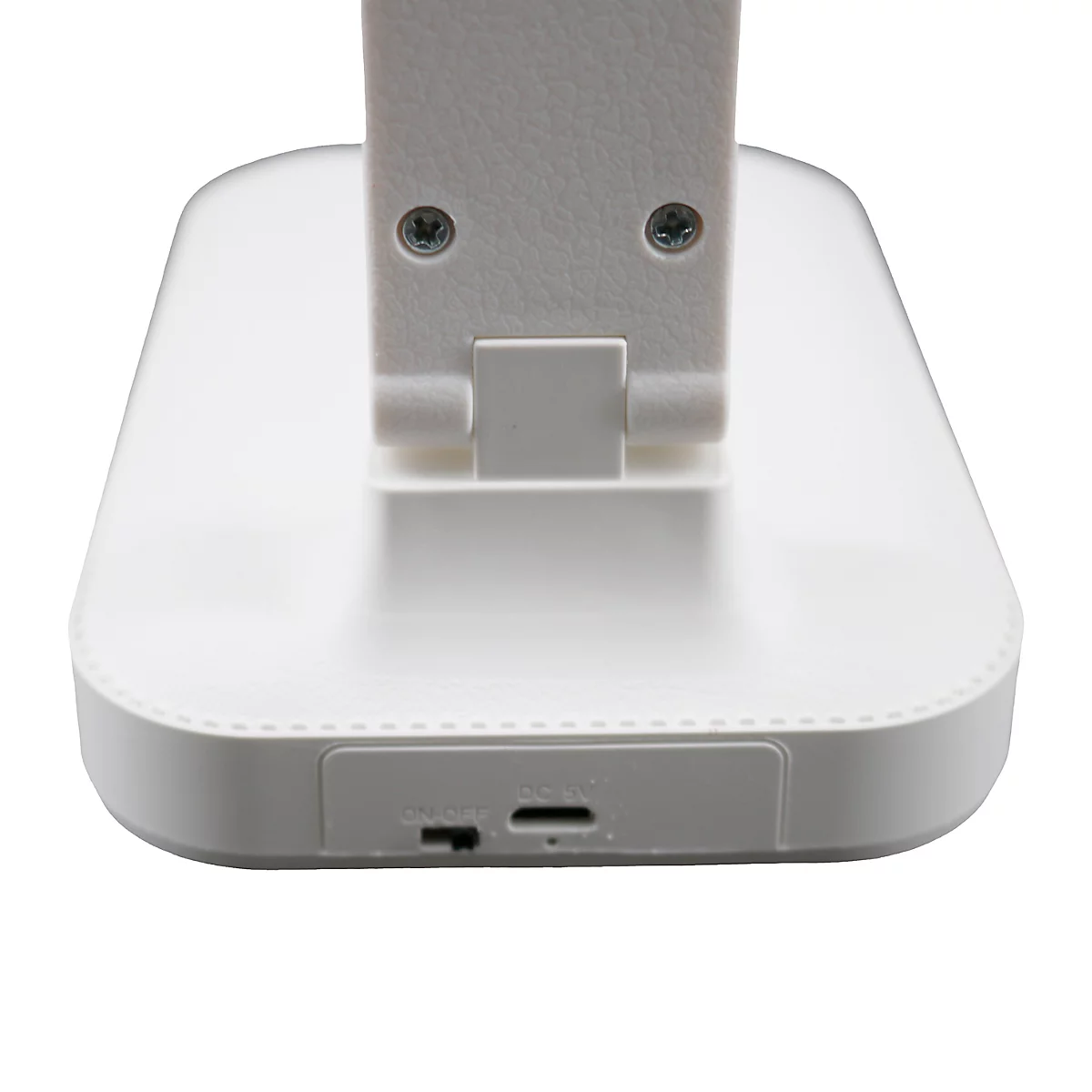 Witte bureaulamp met USB-aansluiting en scharnier.