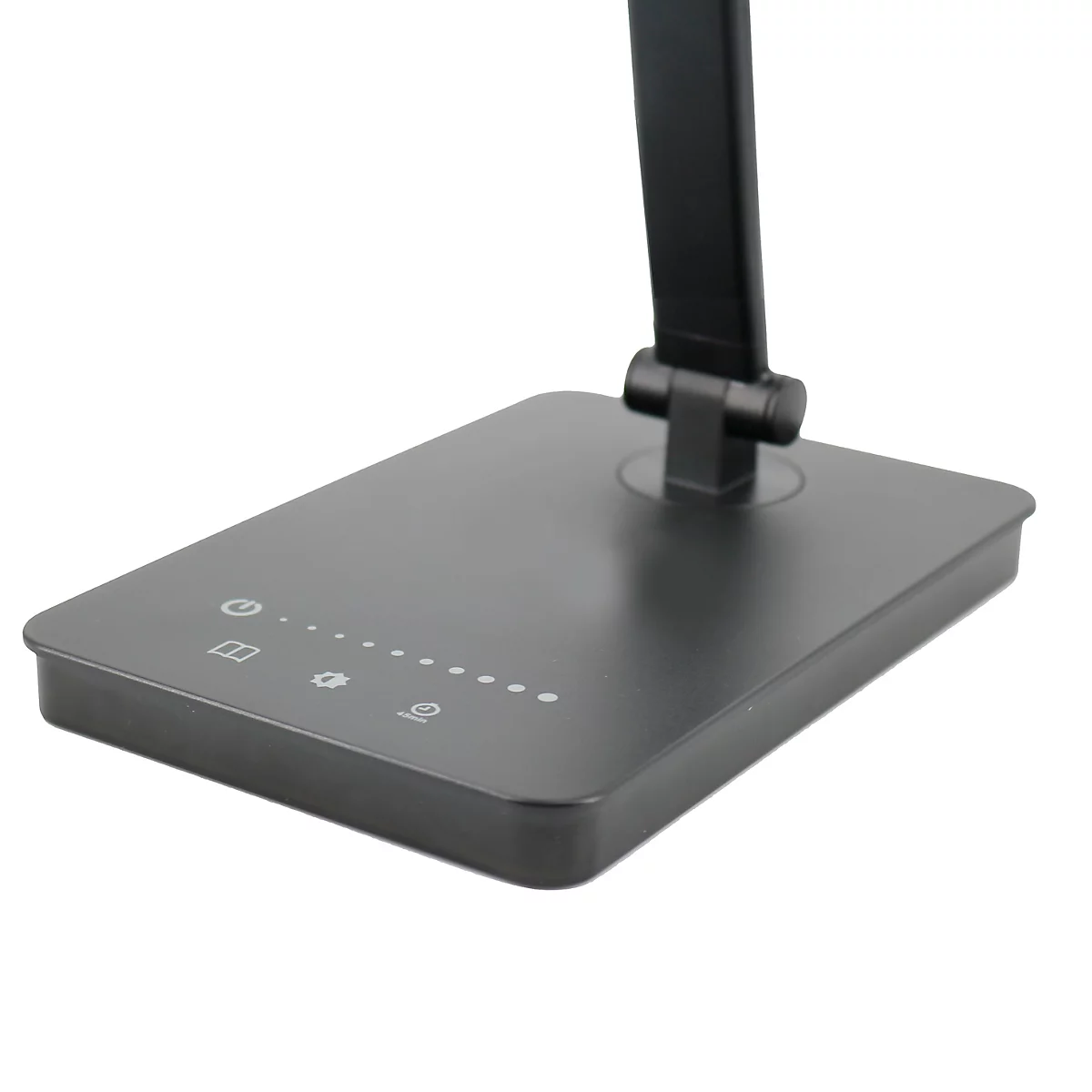 Donkergrijze bureaulamp, detailopname van de rechthoekige voet met bedieningselementen.