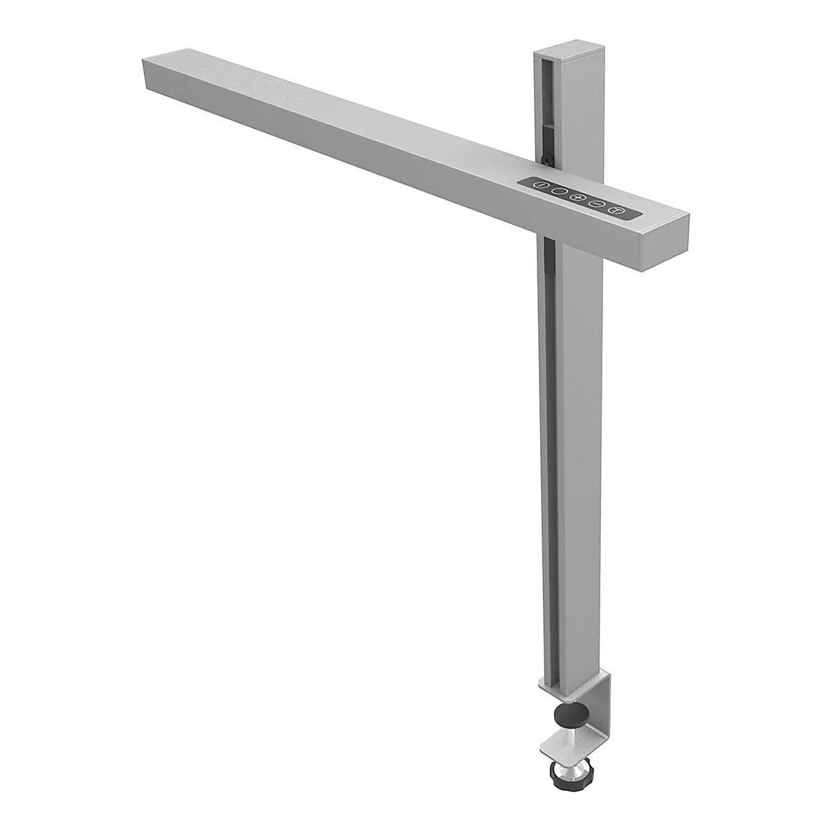 Een grijze bureaulamp met een modern design, LED-verlichting en geïntegreerde bediening.