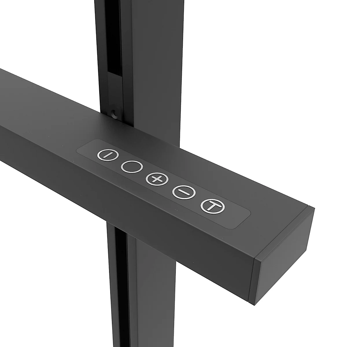 Close-up van een zwarte bureau besturing met symbolen voor hoogte en timer. De bediening is bevestigd aan een zwart frame.