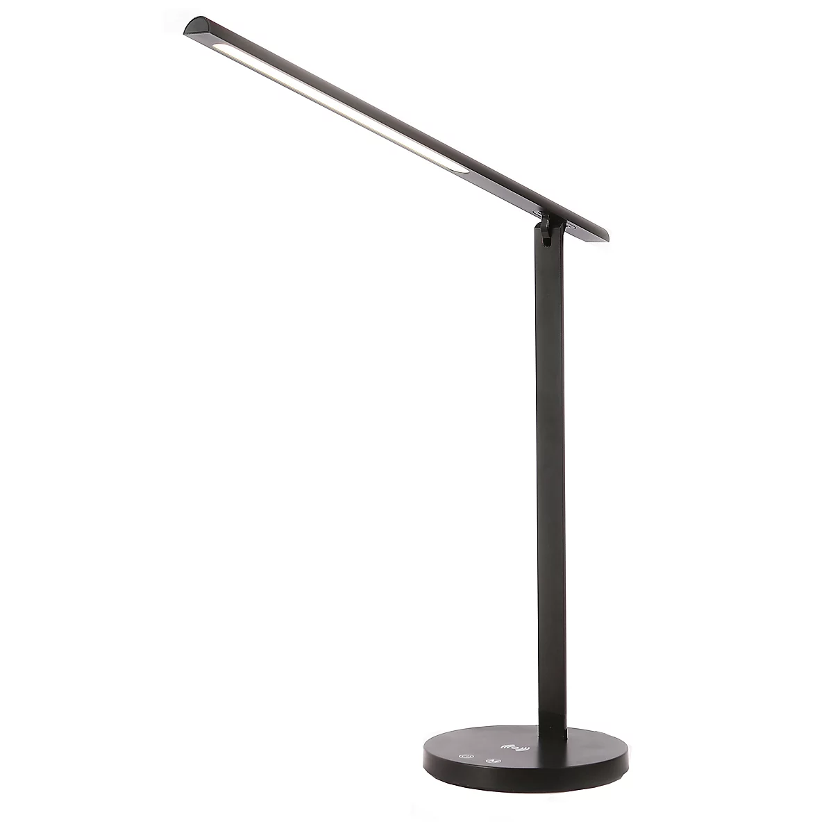 Schlanke, schwarze LED-Schreibtischlampe mit rundem Standfuß auf weißem Hintergrund.