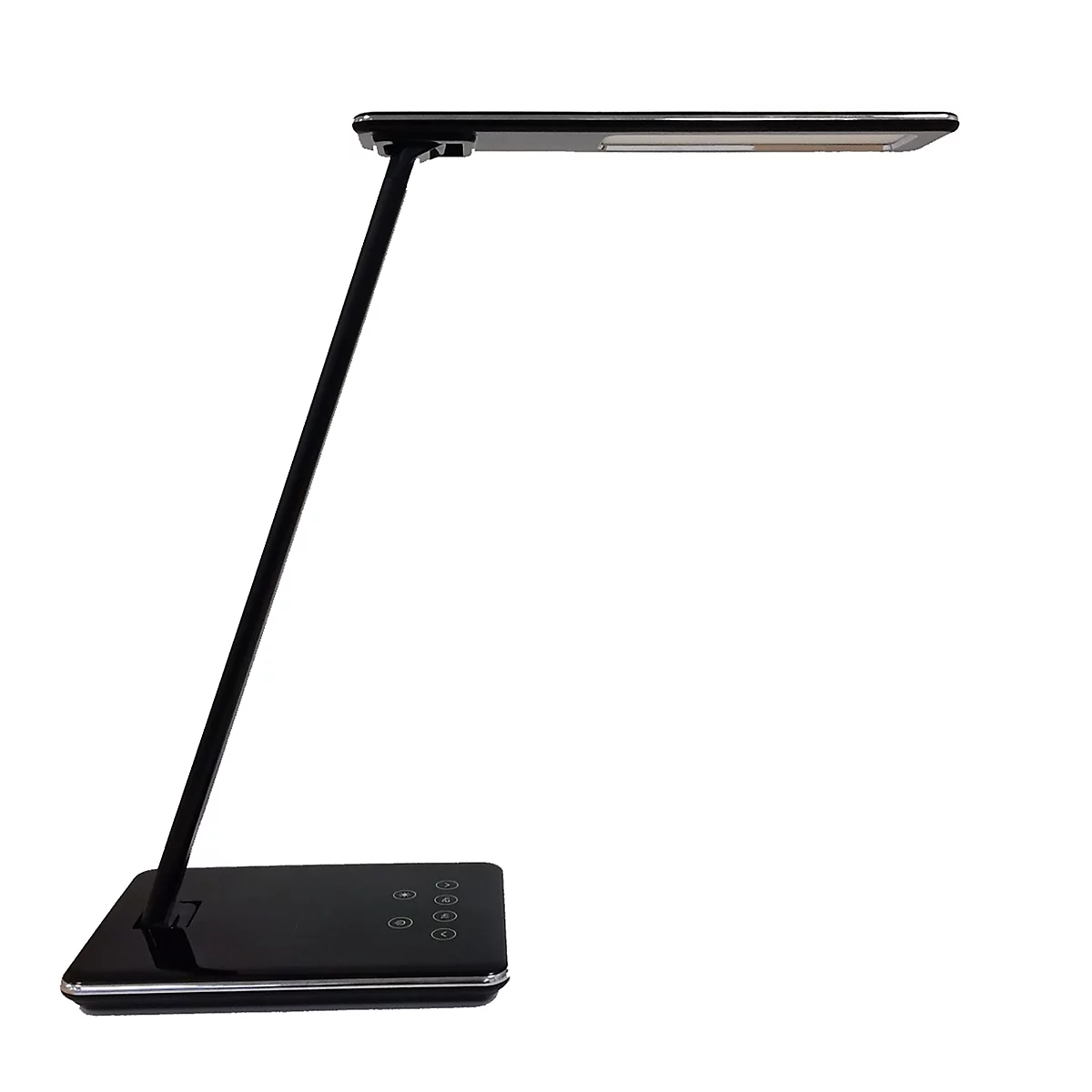 Schwarze, minimalistische LED-Schreibtischlampe in Seitenansicht vor weißem Hintergrund.