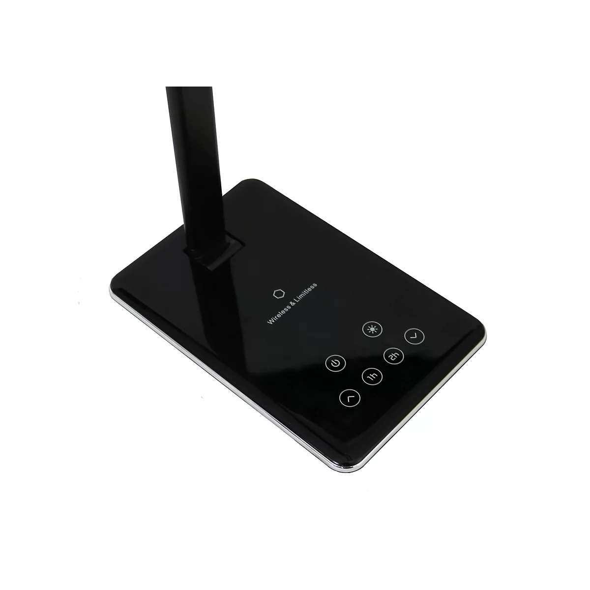 Schwarzer Lampenfuß einer Schreibtischlampe mit Touch-Bedienfeld und Wireless-Charging-Symbol.