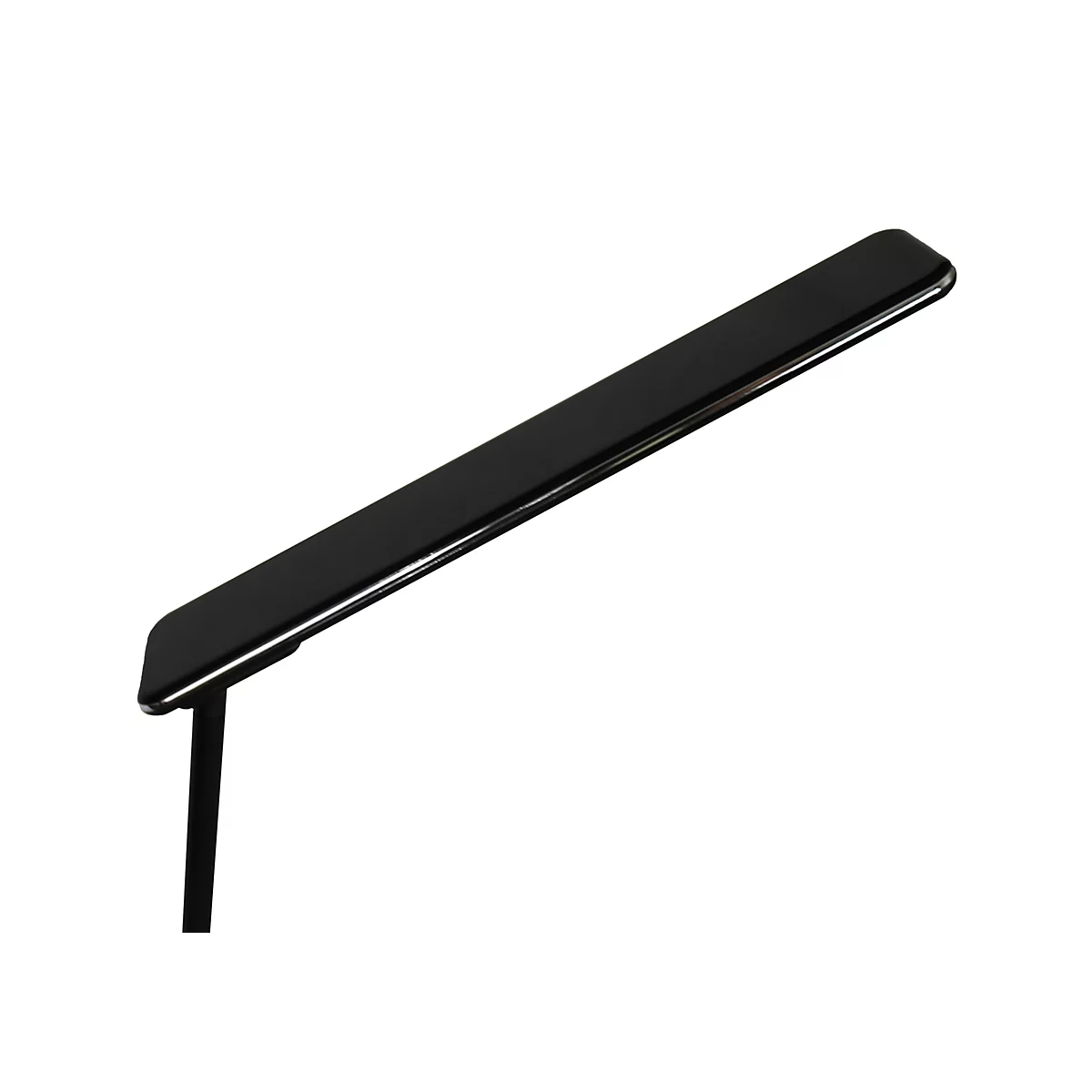 Schwarzer, flacher Leuchtkopf einer modernen Schreibtischlampe vor weißem Hintergrund.