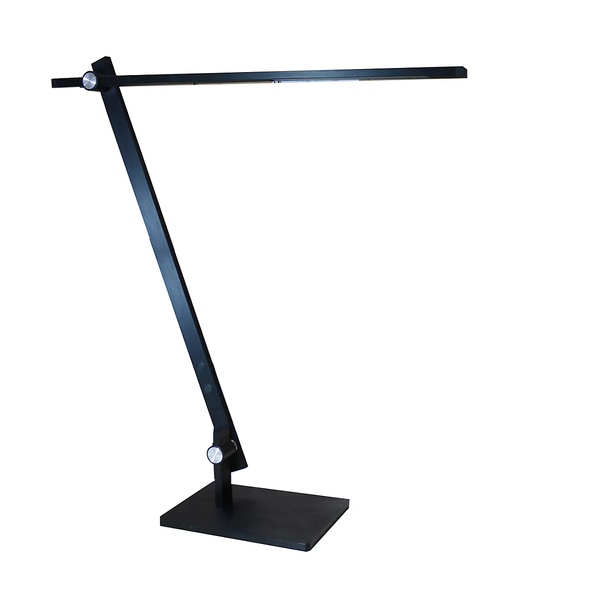 Schwarze, minimalistische LED-Schreibtischleuchte mit schwenkbarem Arm und silbernen Gelenkschrauben vor weißem Hintergrund.